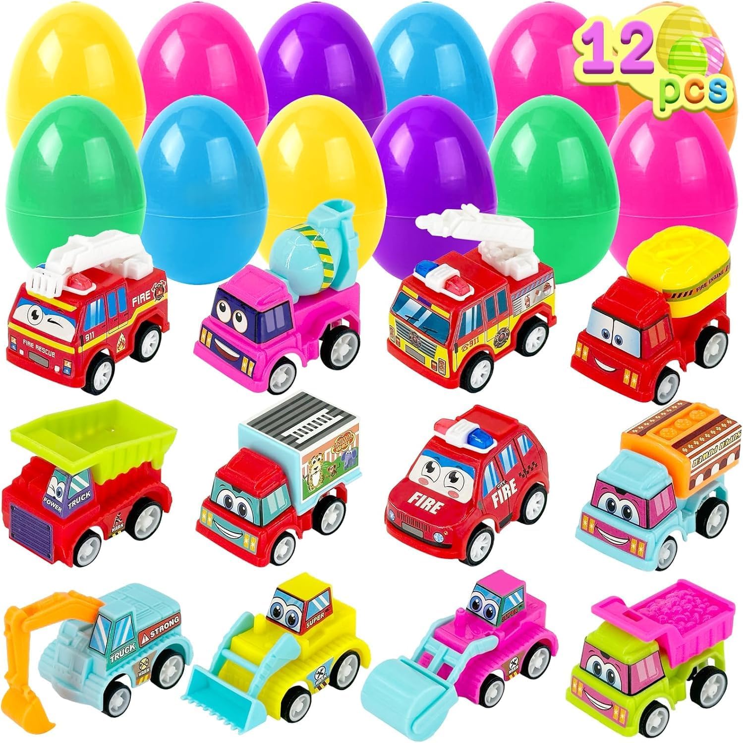Easter Eggs Filled with Engineering Vehicle Toys: 12Pcs Plastic Stuffed Easter Eggs with Mini Pull-Back Construction Engineering Fire Truck, Easter Gift for Girl Boy Kid Toddler,Easter Basket Stuffer