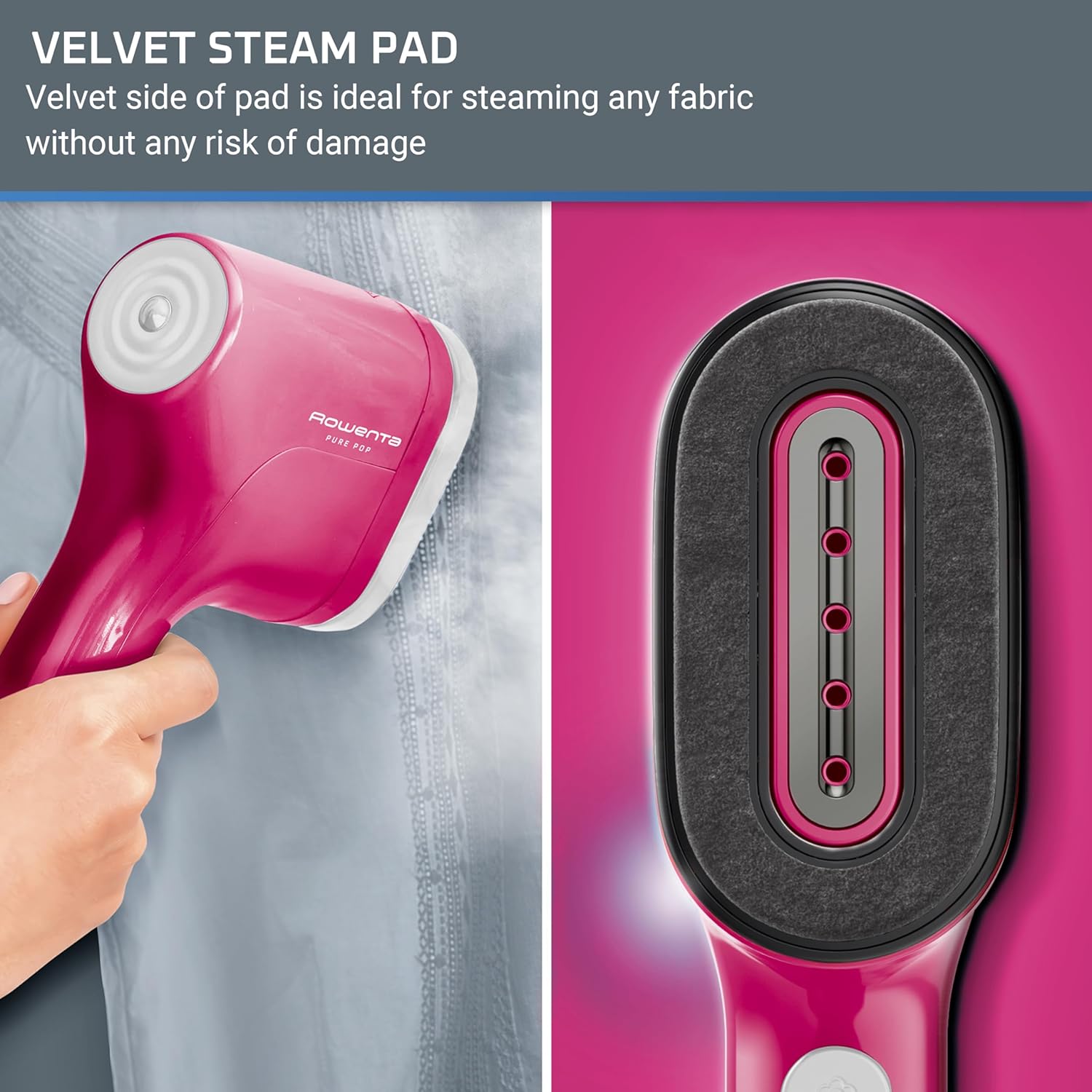 Rowenta, Steamer for Clothes, PurePop Handheld Steamer, 1.5Lbs, 15 Second Heatup, 2.3 Oz Capacity, 1150 Watts, Ironing, Pink Clothes Steamer, Vacation Essentials, Travel Must Have, DR2023