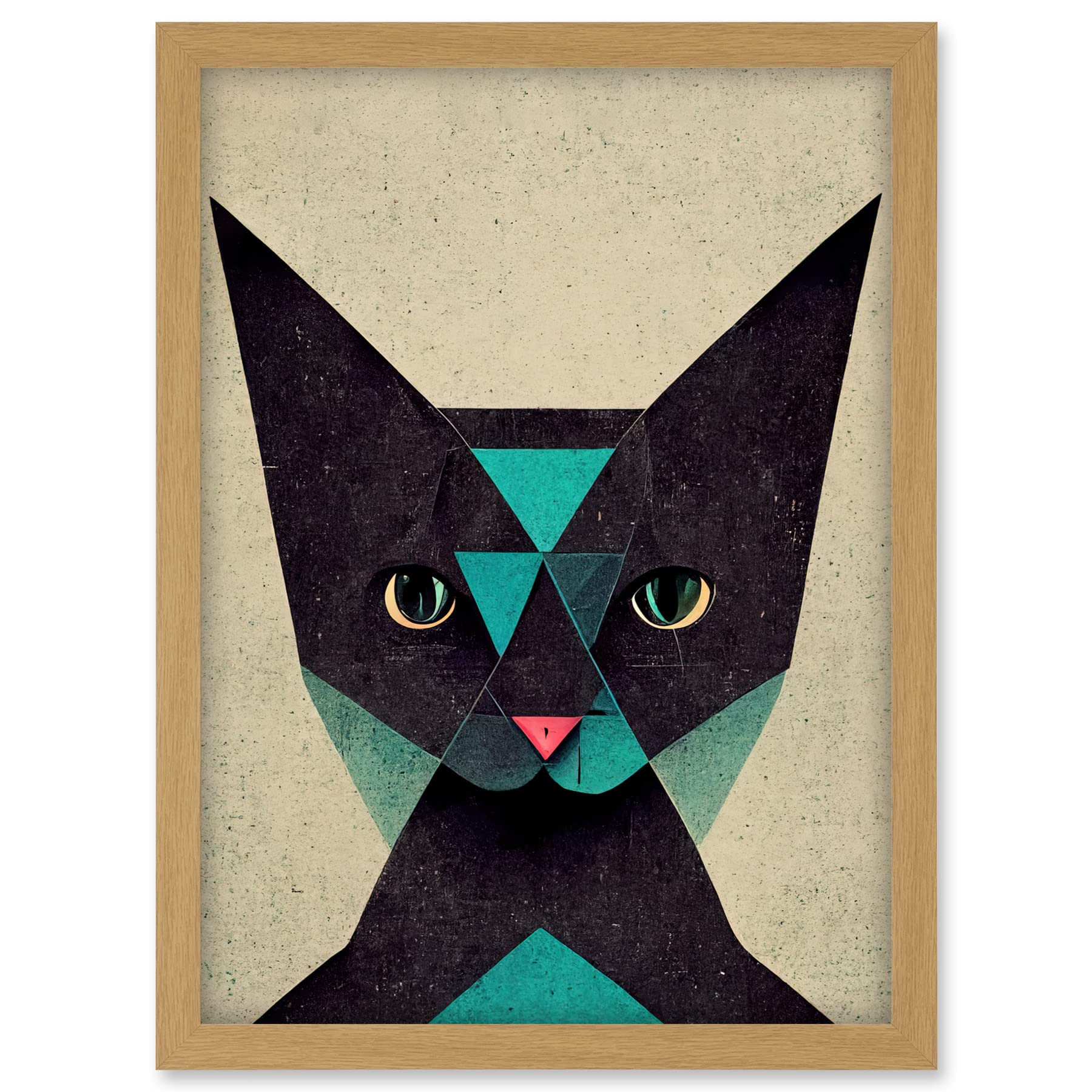Doppelganger33 LTD Geometric Black Cat Teal Fun Quirky Artwork Framed A3 Wall Art Print