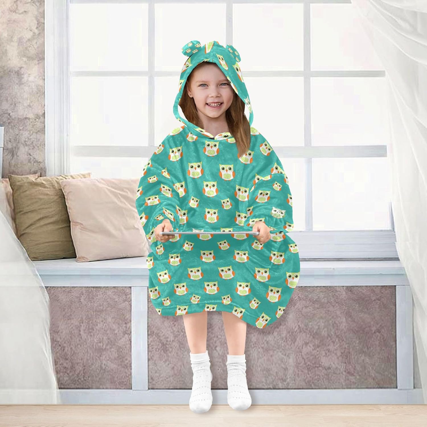 Green Owl Kids Wearable Blanket Hoodie with Pocket and Sleeves for Toddlers, Cute Hoodies 3-14 Year Girls Boys