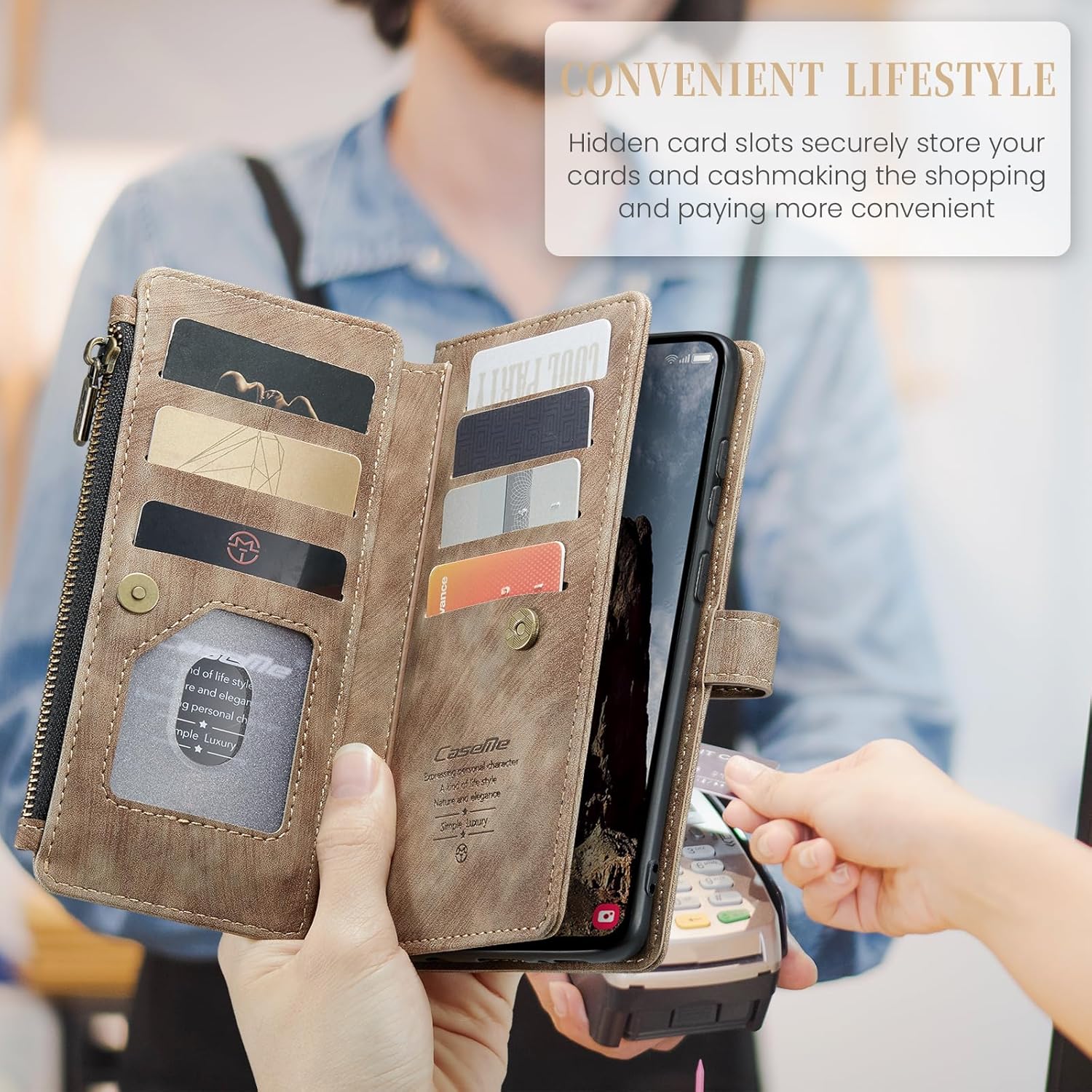 CaseMe Wallet Case for Samsung Galaxy A35 5G, Multifunction Premium PU Leather Zipper Flip Dust/Shockproof Case Built-in [Magnetic Closure] [Kickstand] [Card Slots] for Samsung Galaxy A35 5G (Brown)
