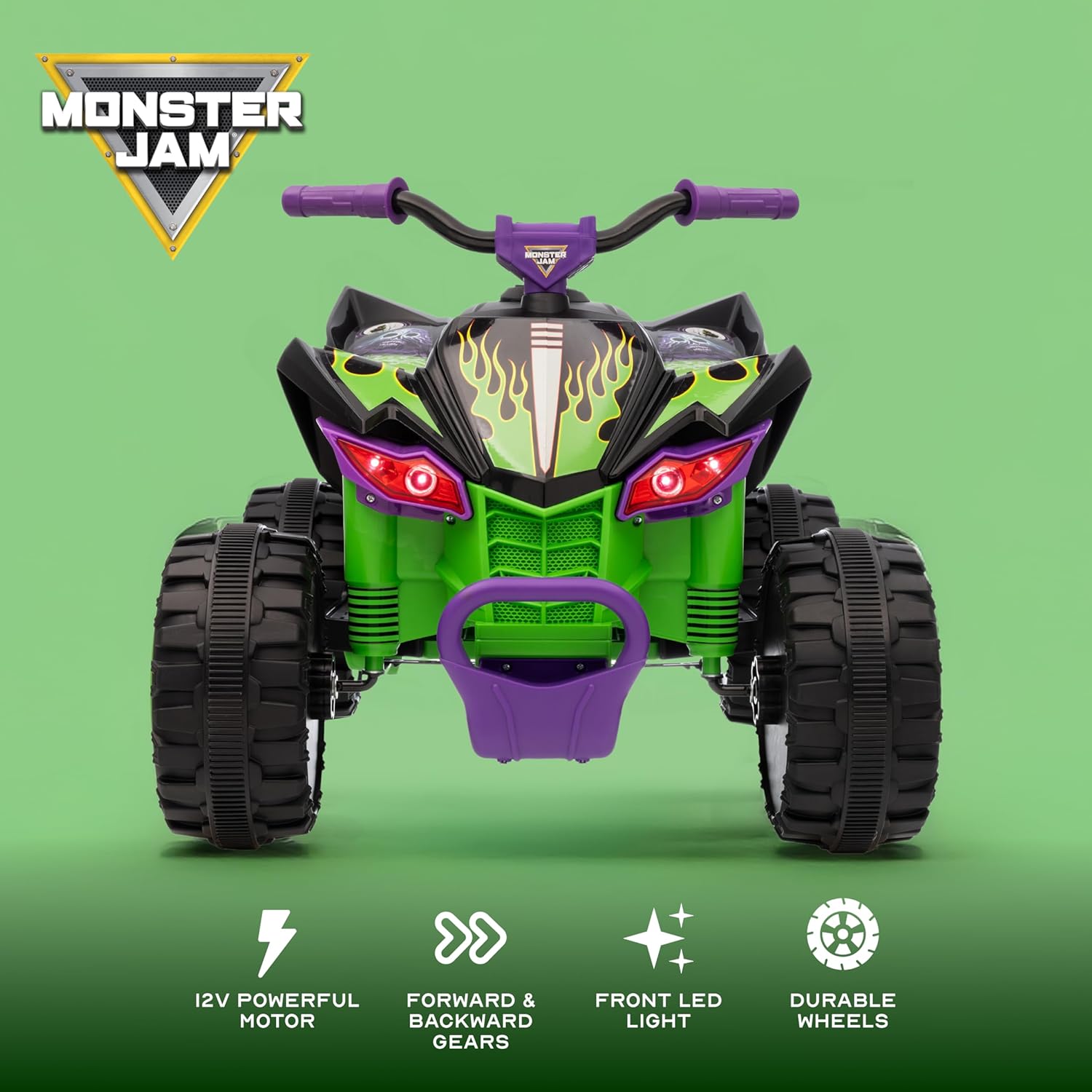 Front view of the Monster Jam ATV highlighting the 12V powerful motor, forward and backward gears, front LED light, and durable wheels
