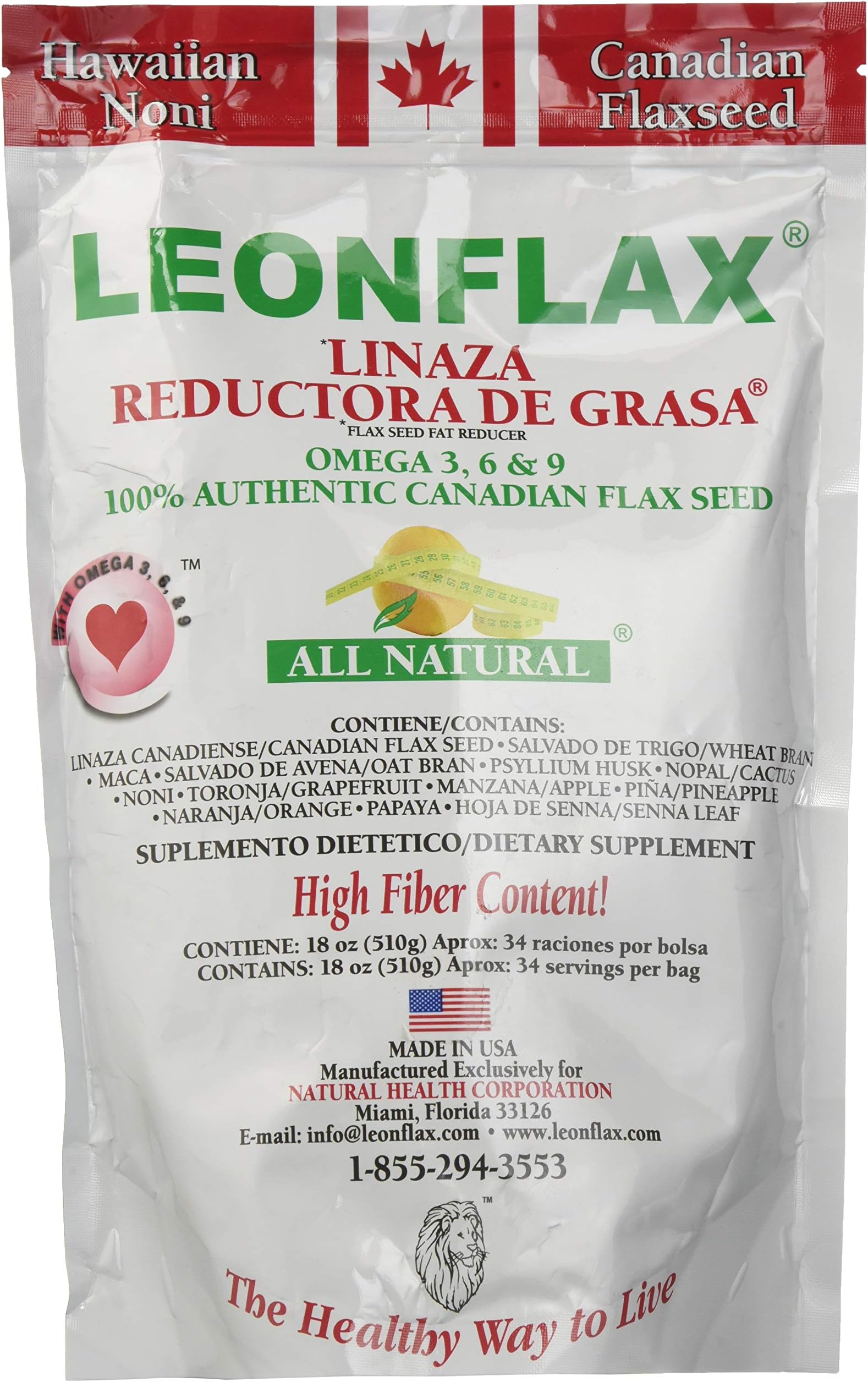 Leonflax 100% Authentic Canadian Flax Seed Powder, All Natural, High Fiber Content, Dietary Supplement to Improve Your Digestive Health, Omega 3, 6 & 9, 18 Oz, Bag (1) (2)