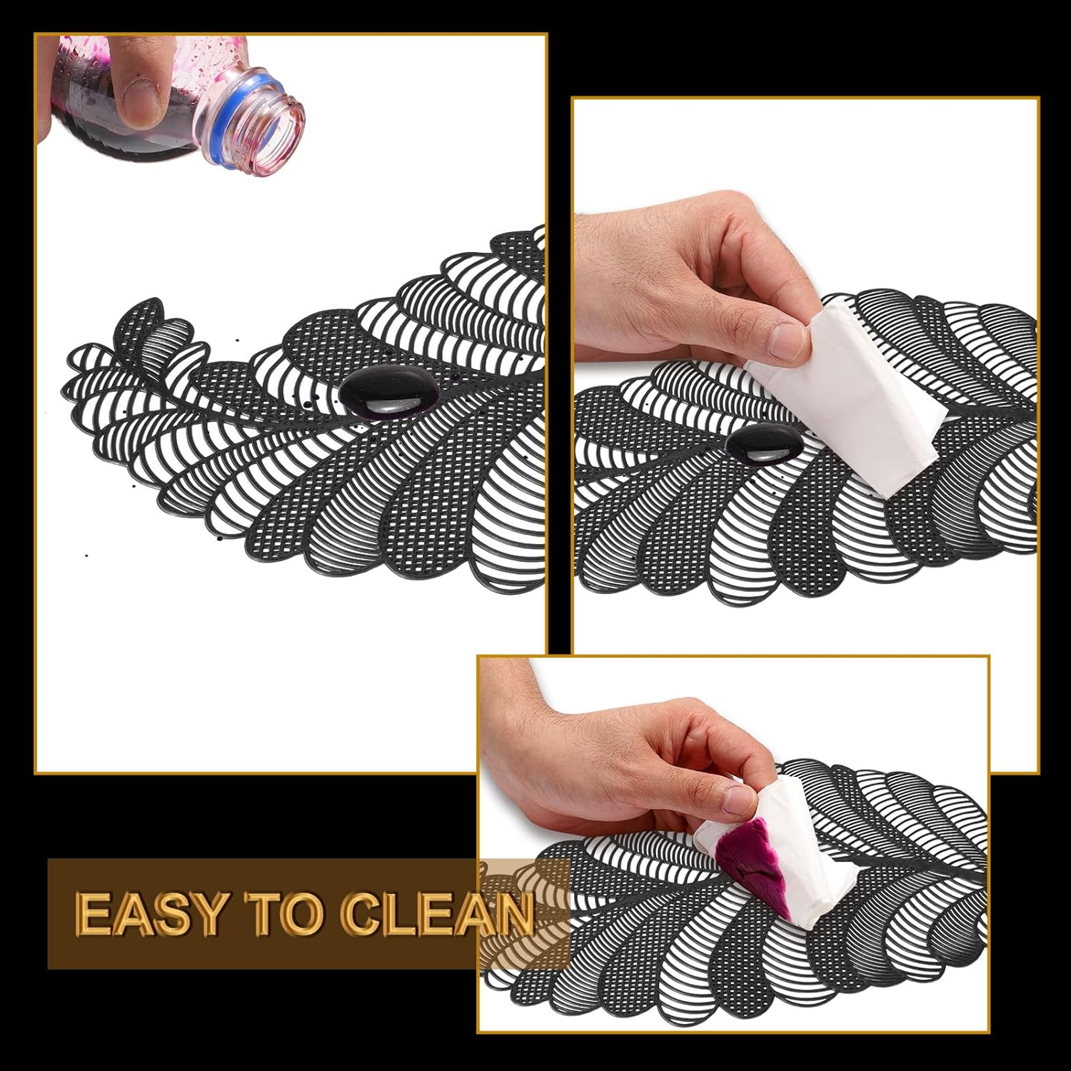 敷物 テーブルマット ダイニング キッチン テーブルコーデ ランチョンマット プレースマット ラウンド 円形 丸形 ゴールド シルバー 金色 銀色 約  W 38cm D 38cm [67047]【 プレイスマット ランチマット 透かし模様 透かし柄 水洗い可 洗える 撥水 防水 ... uxcell  ... uxcell ブラックリーフ型プレースマット 6枚セット ディナーテーブル用、メタリックポリビニールプレスプレースマット 洗えるテー