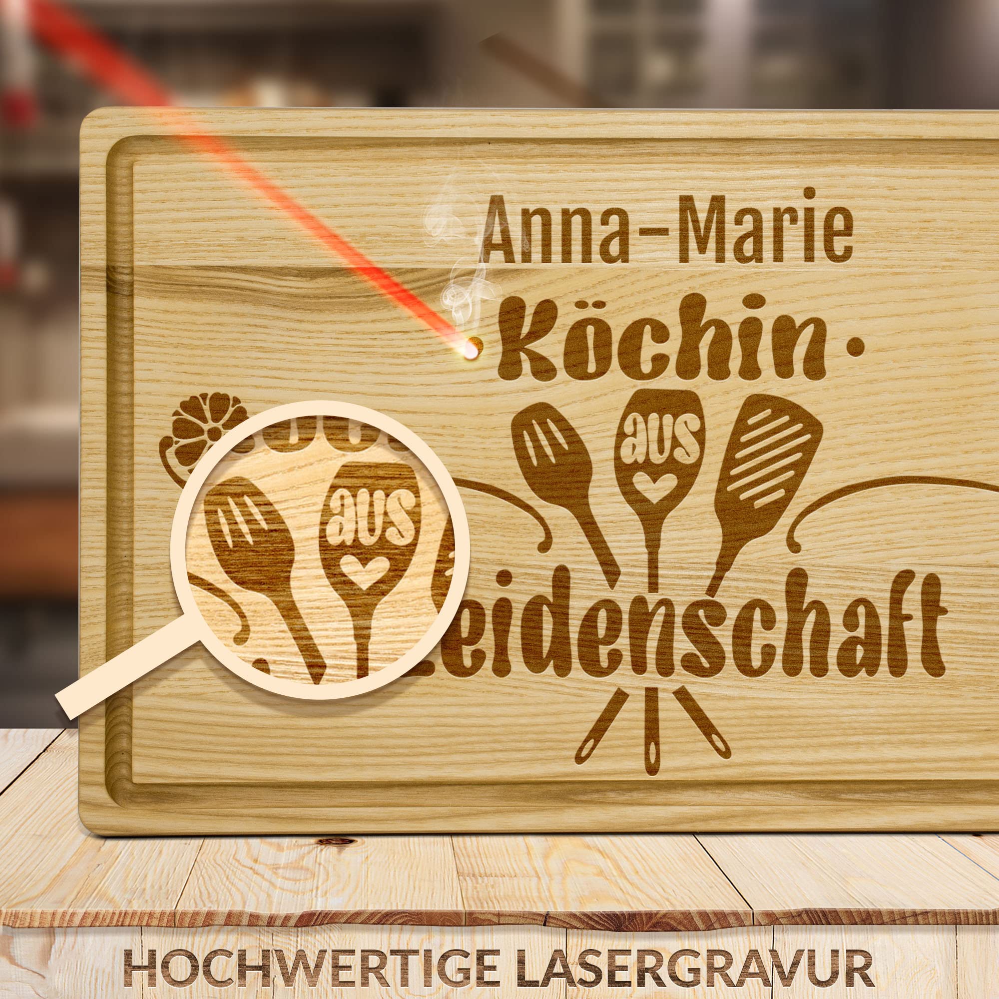 PR Print Royal Großes Holzbrett mit Gravur - Schneidebrett personalisiert - Köchin aus Leidenschaft - Geschenke für Hobbyköche zum Geburtstag | Eschenholz, 40 x 25 x 2 cm, personalisiertes Geschenk