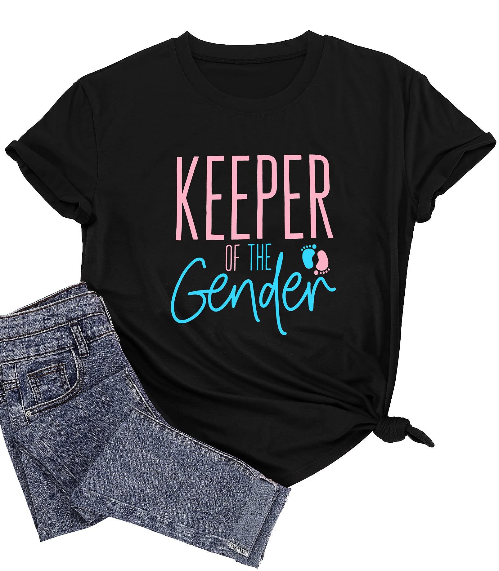 LAZYCHILD Keeper of The Gender Shirt Women Pregnancy Announcement T Shirt Gender Short Sleeve Tee Tops