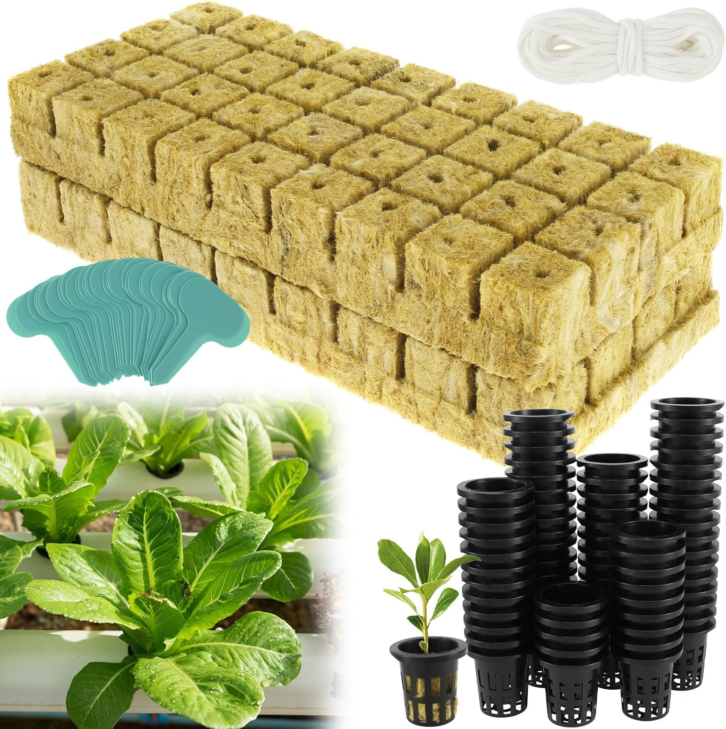 72 Sets Rockwool Cubes for Hydroponics with Net Pots, 1.5inch Rock Wool