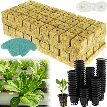 72 Set Rock Wool Cubes for Hydroponics Growing System 1.5inch Rock Wool Planting Cubes with 72 Net Cups 30 Label Good Absorption Hydroponics Mesh Net Cup Kit for Home Balcony72 Pieces