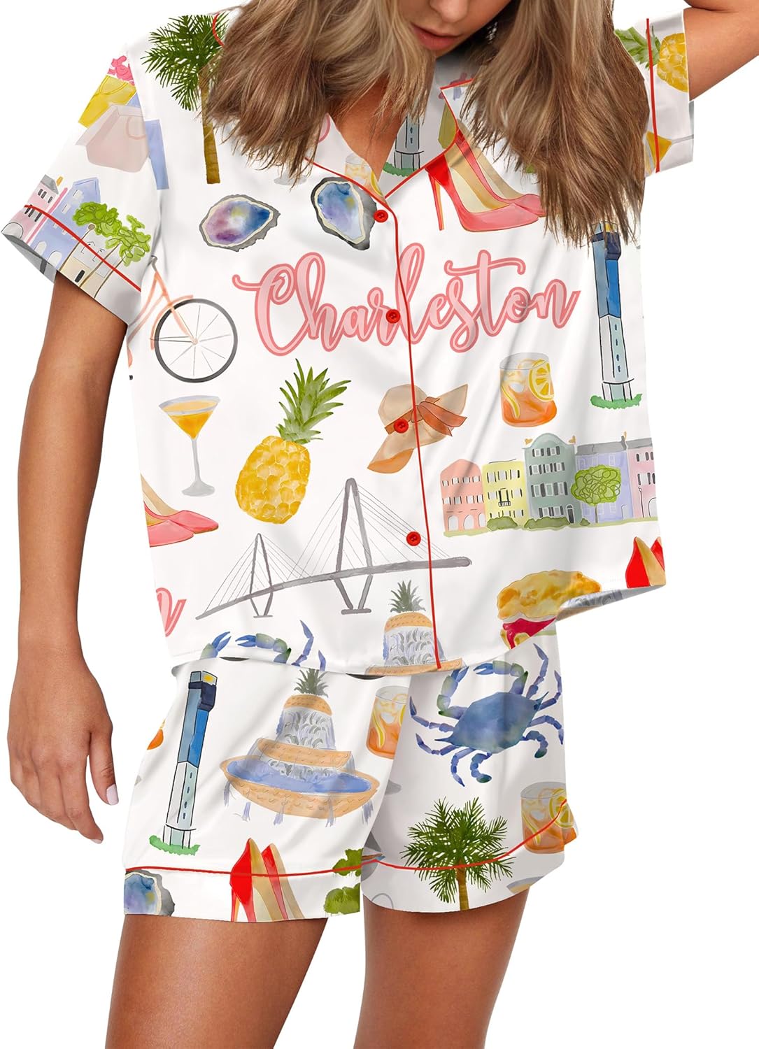 SHESHOW Satin Pajamas for Women Set Satin Button Down Short Sleeve Shirt and Shorts Summer Loungewear Size XS-XXL