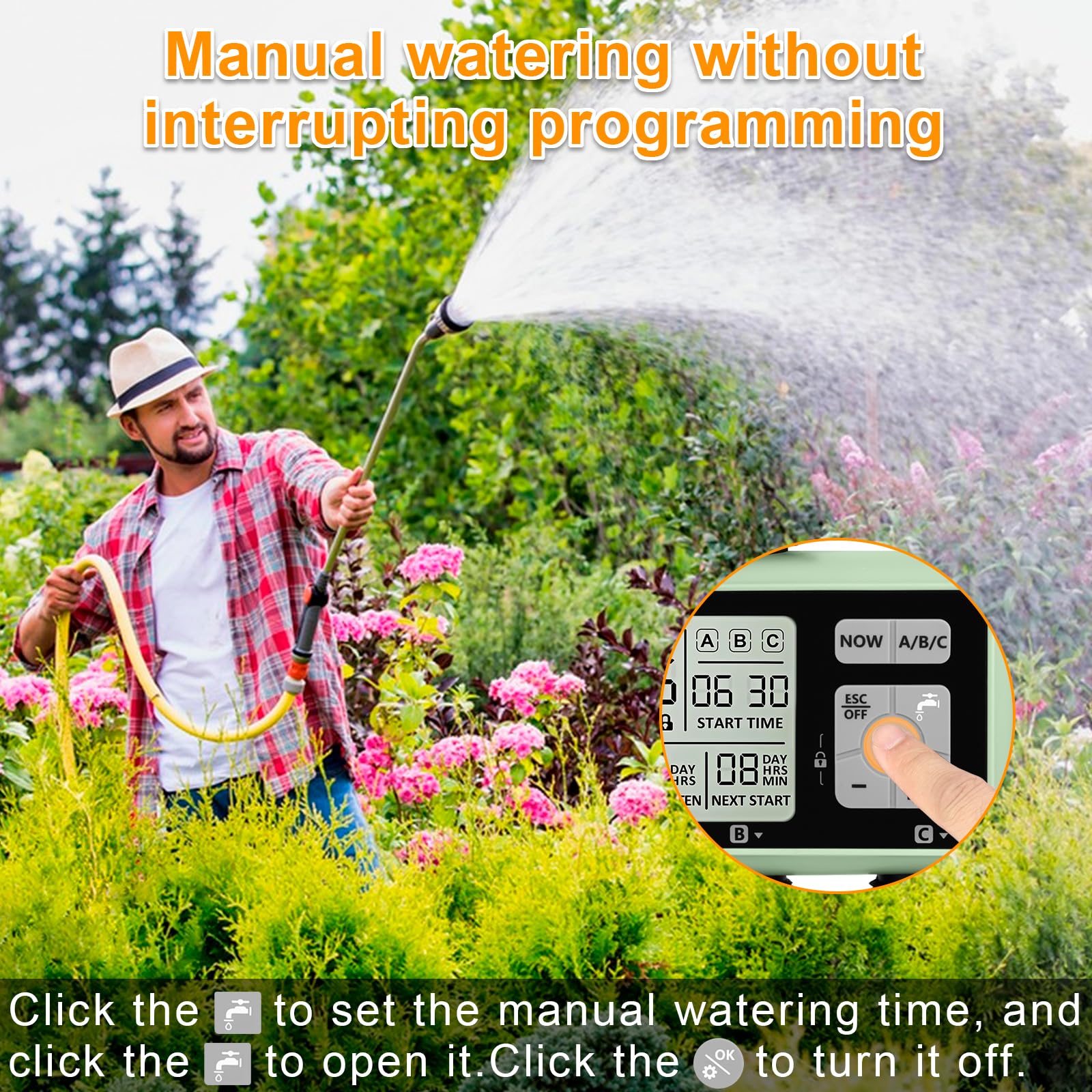 Automatischer Bewässerungstimer, Gartenbewässerungstimer mit LCD Display, 3 Strecken Wasserhahn Timer anschließen, Kindersicherungsmodus, Verzögerte Bewässerung Nach Regen, IPX5 Wasserdicht