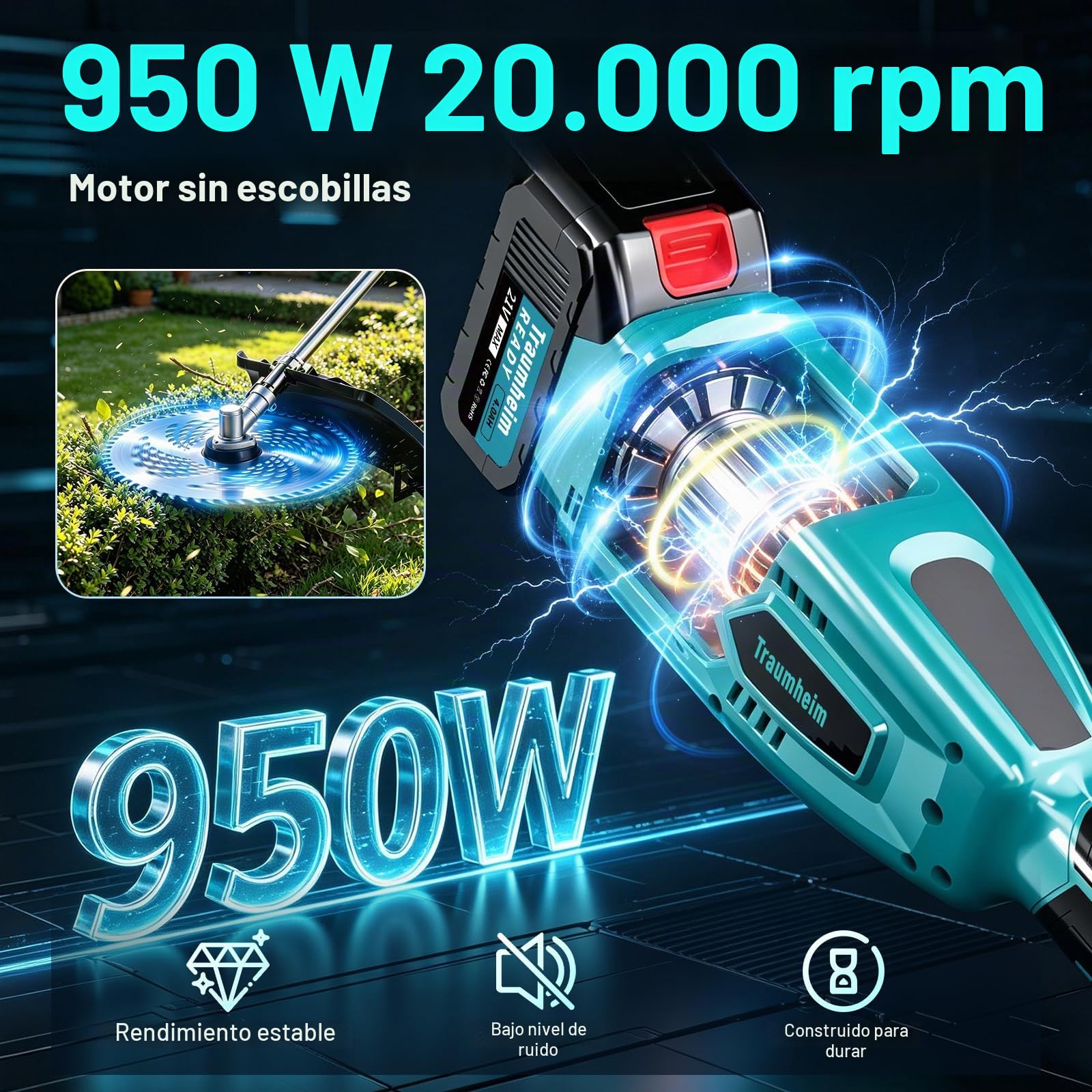 Desbrozadora con batería con 2 baterías de 4,0 Ah, batería eléctrica 4 en 1, desbrozadora y cortacésped, Motor sin escobillas de 950W de batería para Cortar césped y jardín