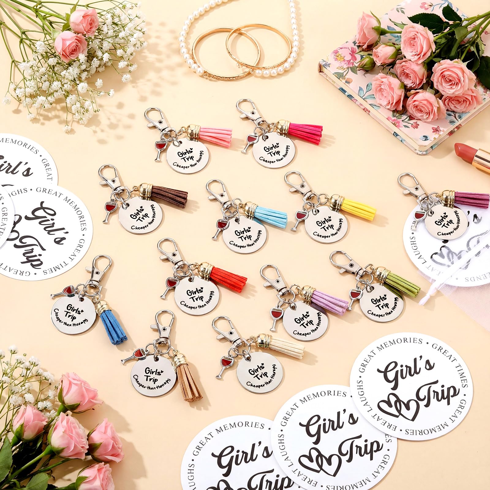Sureio 12 Sets Girls Trip Gifts Favors Keychains Girls Weekend Favors for Women Travel Gift Key Ring Charm for Bestie Friends Sisters Friendship Cruise Vacation Bachelorette Party Supplies