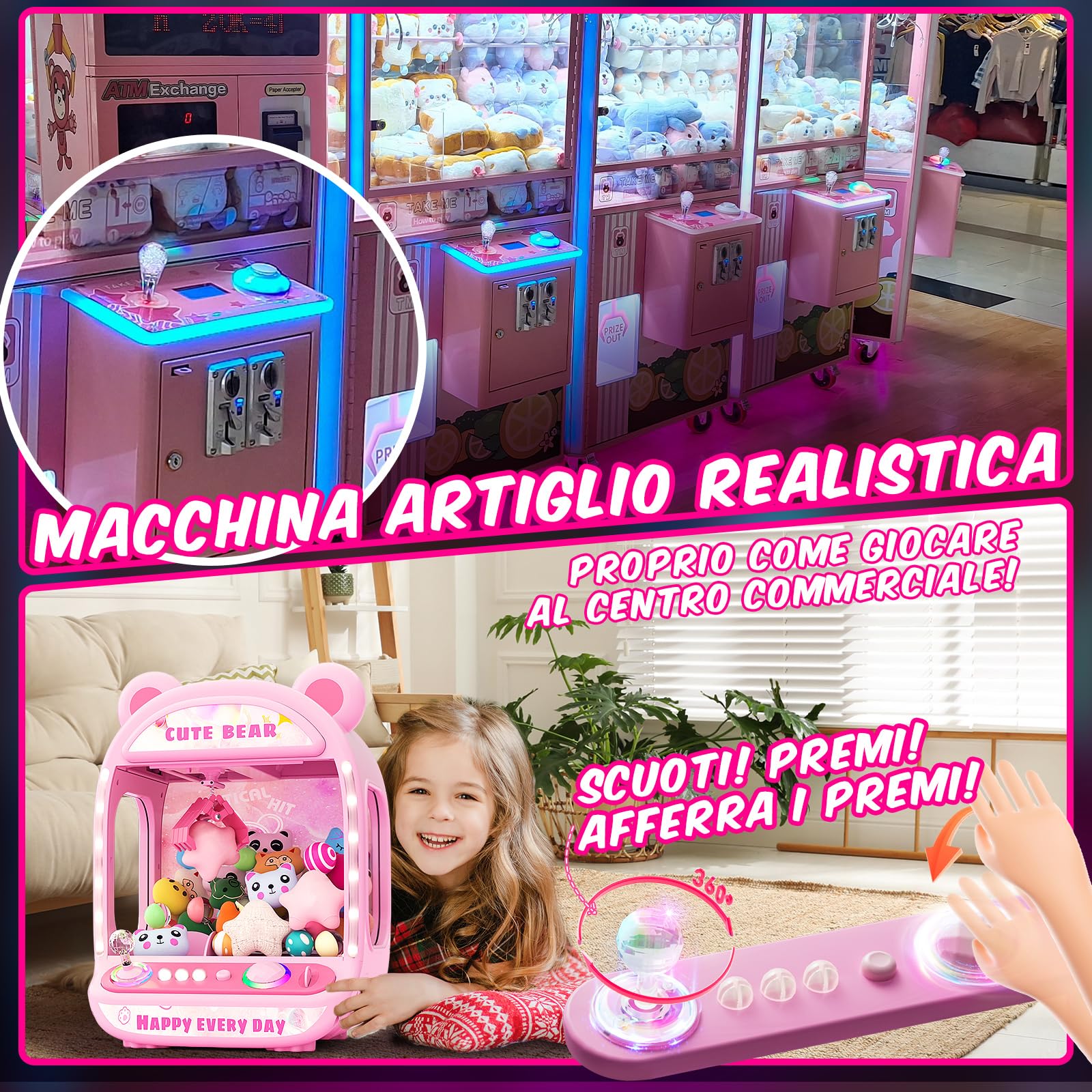 Skirfy Macchine per Artigli per Bambini,Giocattoli unicorni per Ragazze dai 6 Anni in su,Mini distributore Automatico di Giochi Arcade con Giocattoli Squishy Fidget,Claw Machine,Easy to Control,Pink