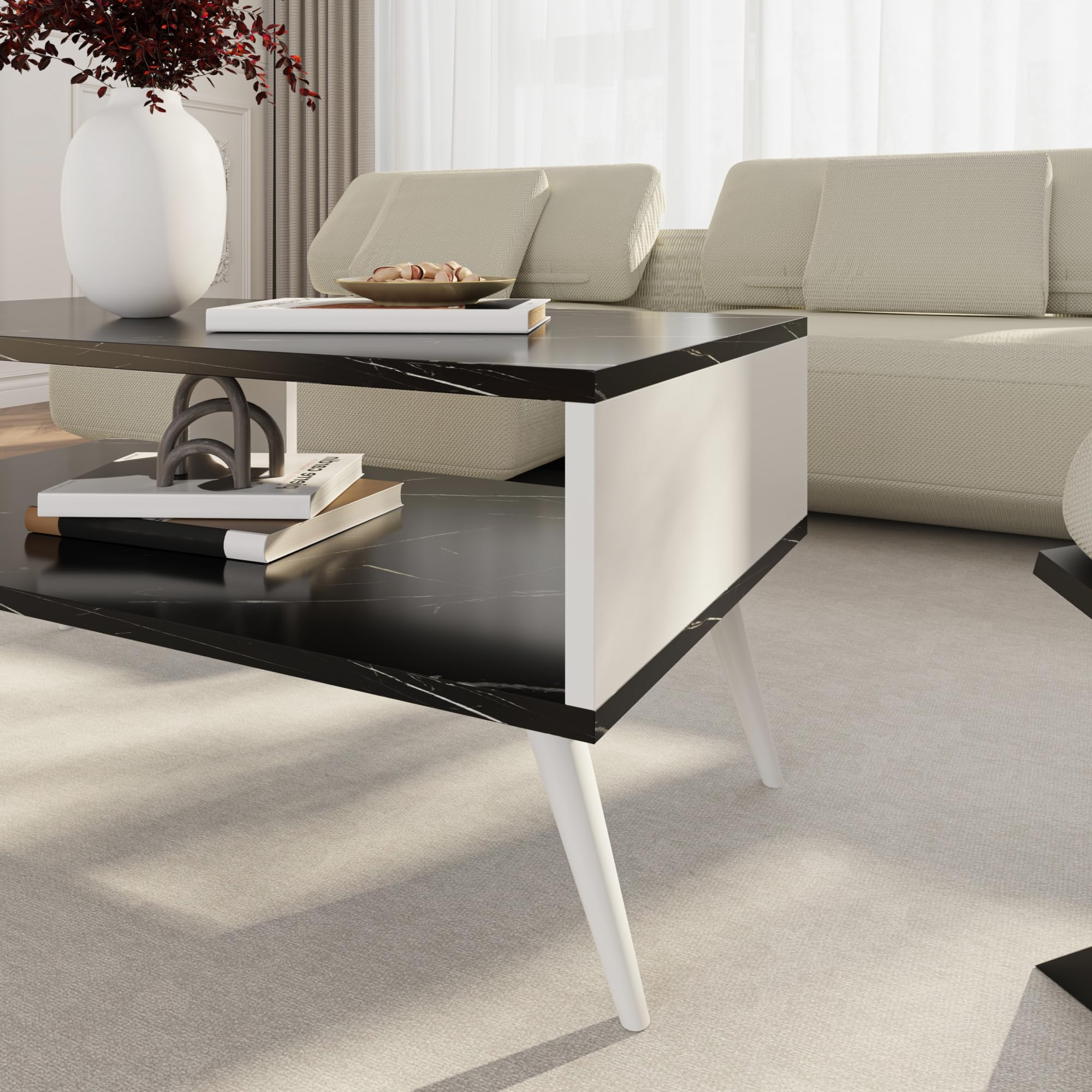 [en.casa] Mesa de Centro Rectangular Mesa Baja Estable con Estante para Salón Mesa Auxiliar Aglomerado 40 x 90 x 45 cm Mármol Negro/Blanco
