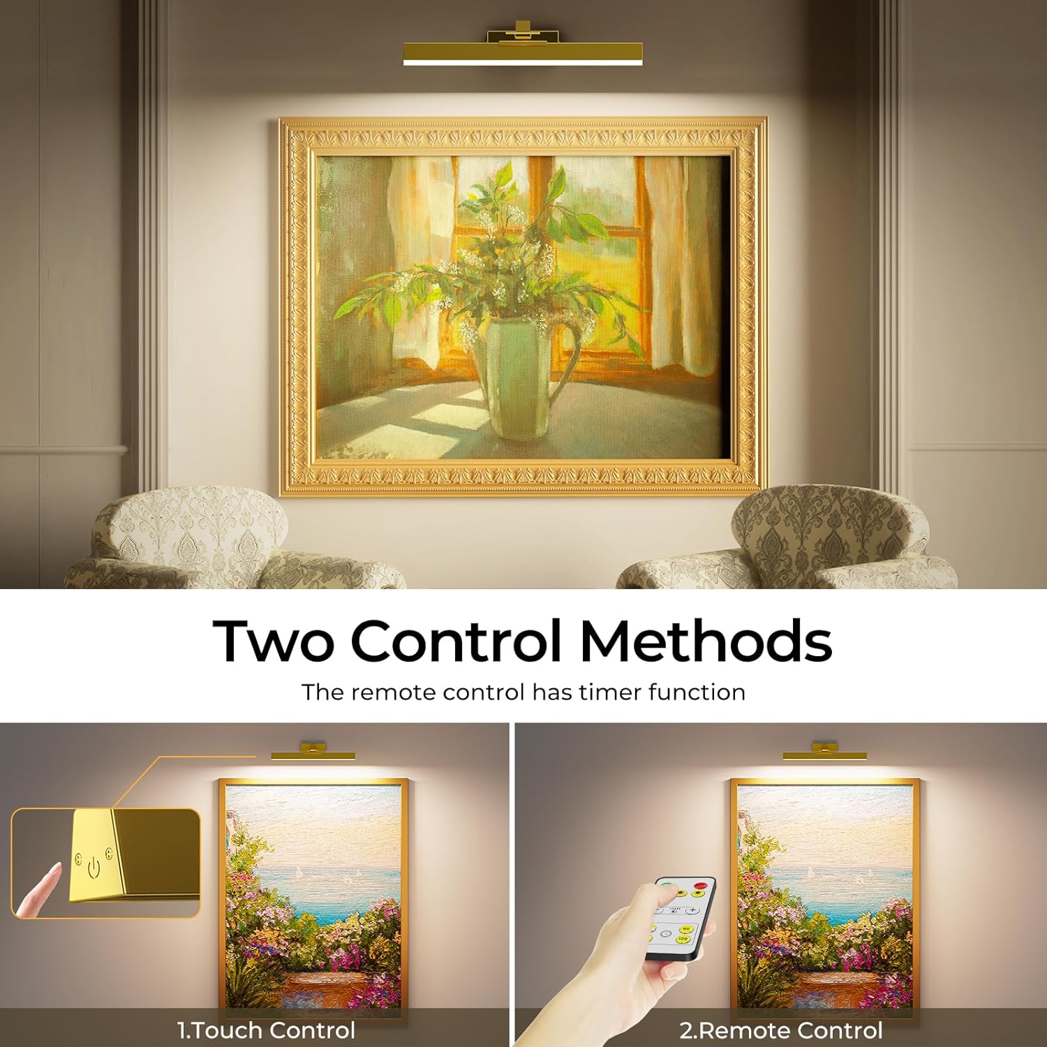 Afyuol Picture Lights for Wall, Battery Operated Picture Light 16in Art Light CCT Dimmable Recharging Battery Wall Light with Remote Control for Living Room Gallery Gold 2PCS