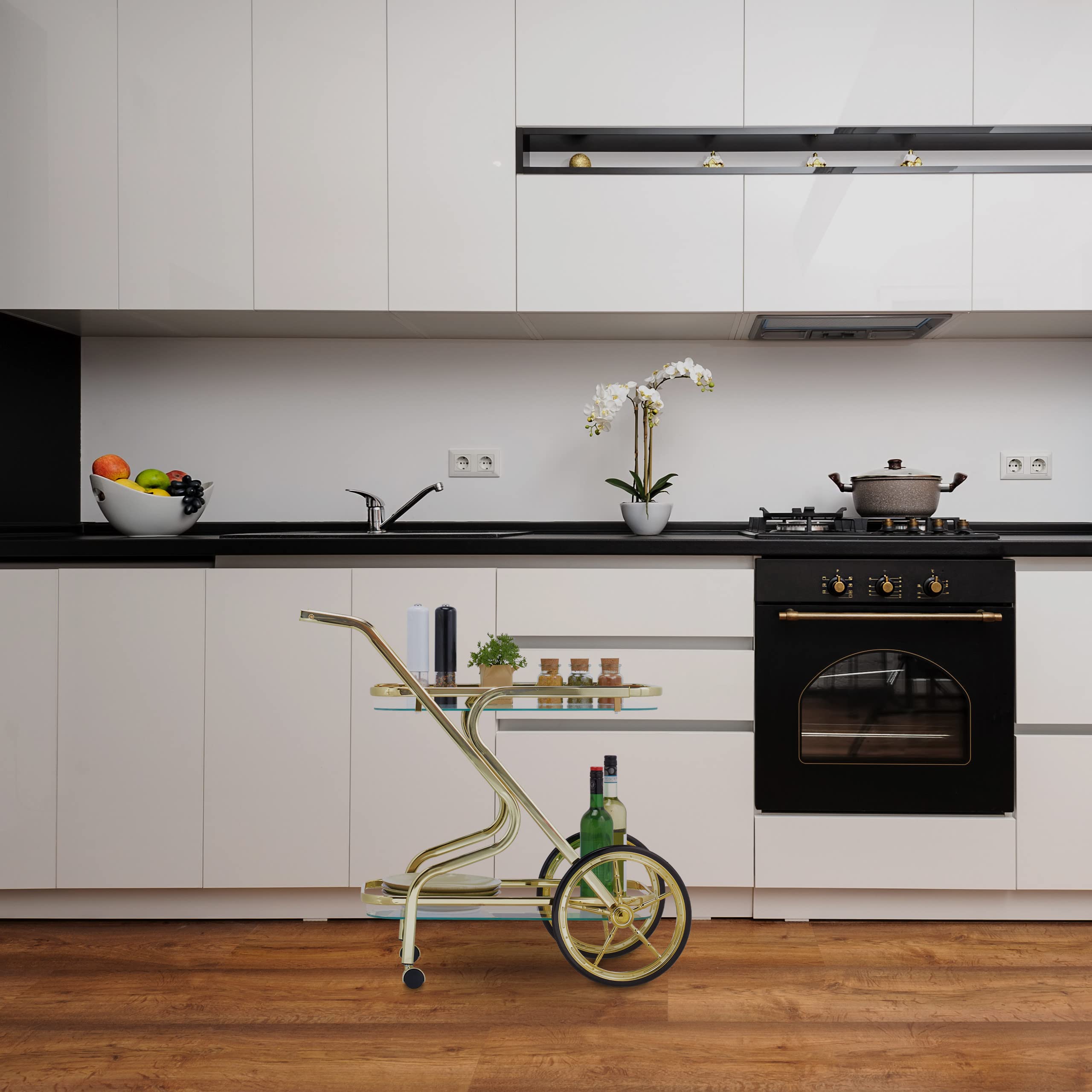Relaxdays Carrito de Cocina, Camarera Servicio, 2 Baldas y 4 Ruedas, Hierro y Cristal, 80x43x85 cm, Bar y Salón, Latón