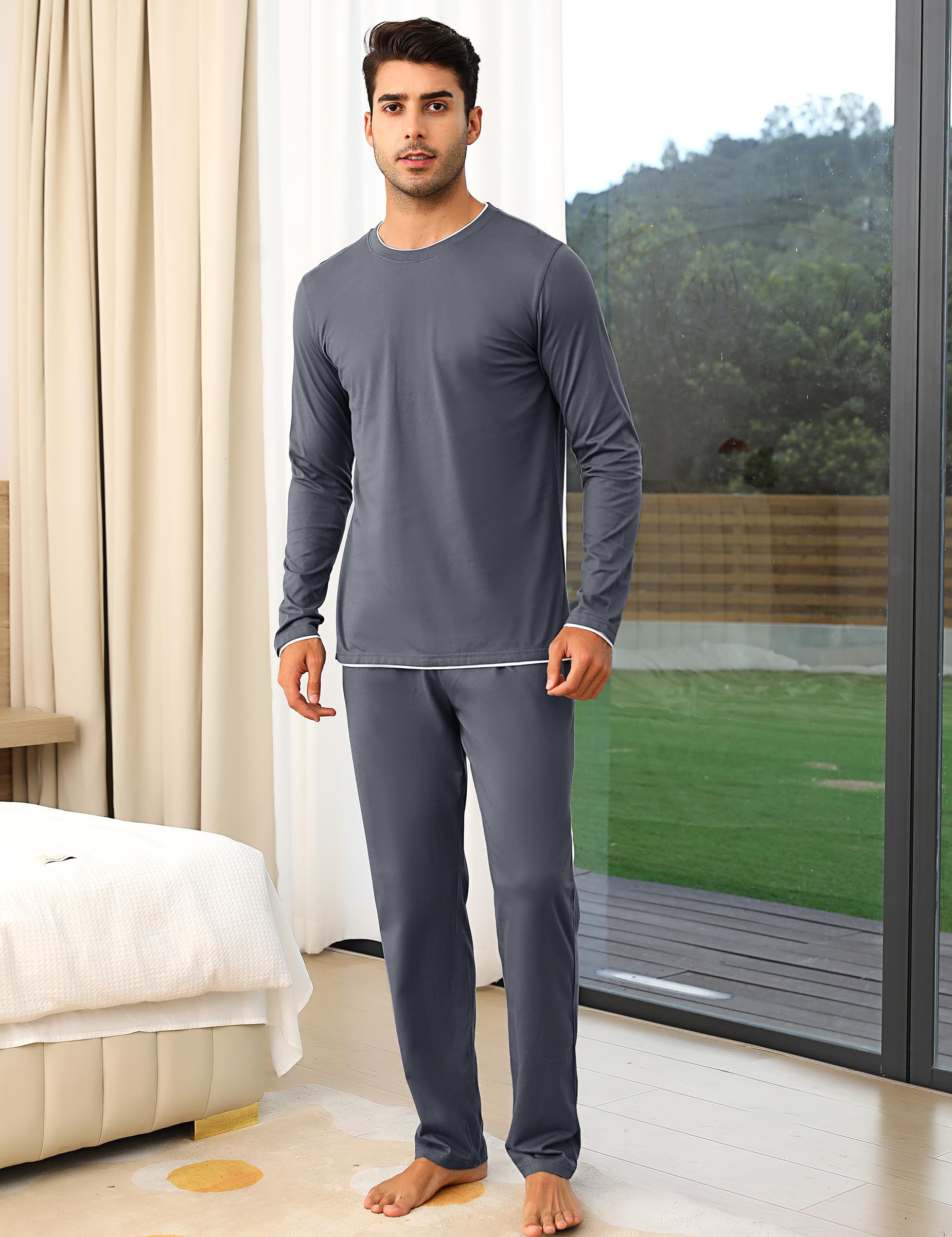Aseniza Pigiama da Uomo Invernale, Pigiama a Maniche Lunghe in Cotone Semplice ed Elegante Pigiama Morbido Loungewear