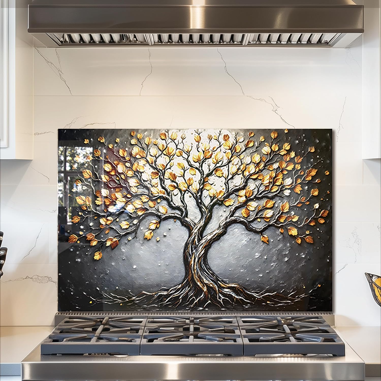 fzxwyishu Tree of Life,Tempered Glass Backsplash For Kitchen Behind Stove,Easy to Clean Kitchen Sink Cover Splash Guard, Home Kitchen Décor (gold, 30"x20"(76.2x50.8cm)) gold 30"L x 20"W