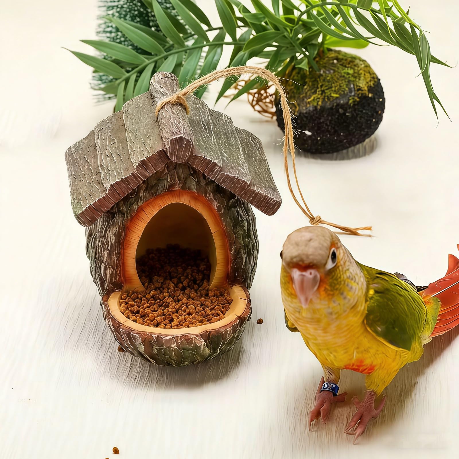 NEWFT Vintage Tree Cabin Shape Bird Feeder, Bird Feeders for Outdoors, Waterproof Resin Tree-Mounted Sculpture, Open Design Fe