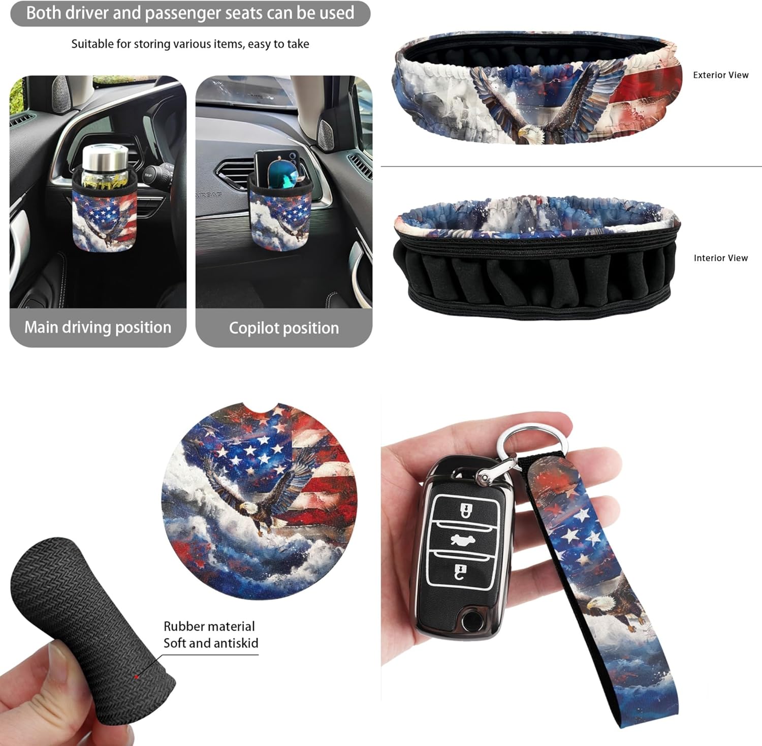 CLOHOMIN Eagle Car Seat Cover Full Set of 15 USA Flag Steering Wheel Protector Auto Seatbelt Pads Cup Coaster Trash Can Air Vent Storage Box Rear View Mirror Cover Coasters Wristlet Keychain
