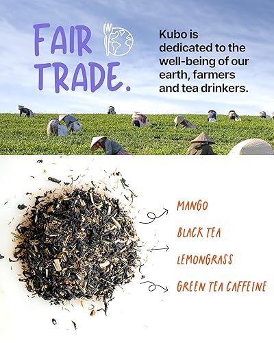 Miniatura 4 de Kubo Tea Té negro de limón y mango, mezcla energética orgánica de alta cafeína, 20 bolsas de té piramidales (155 mg de cafeína cada una), sustituto