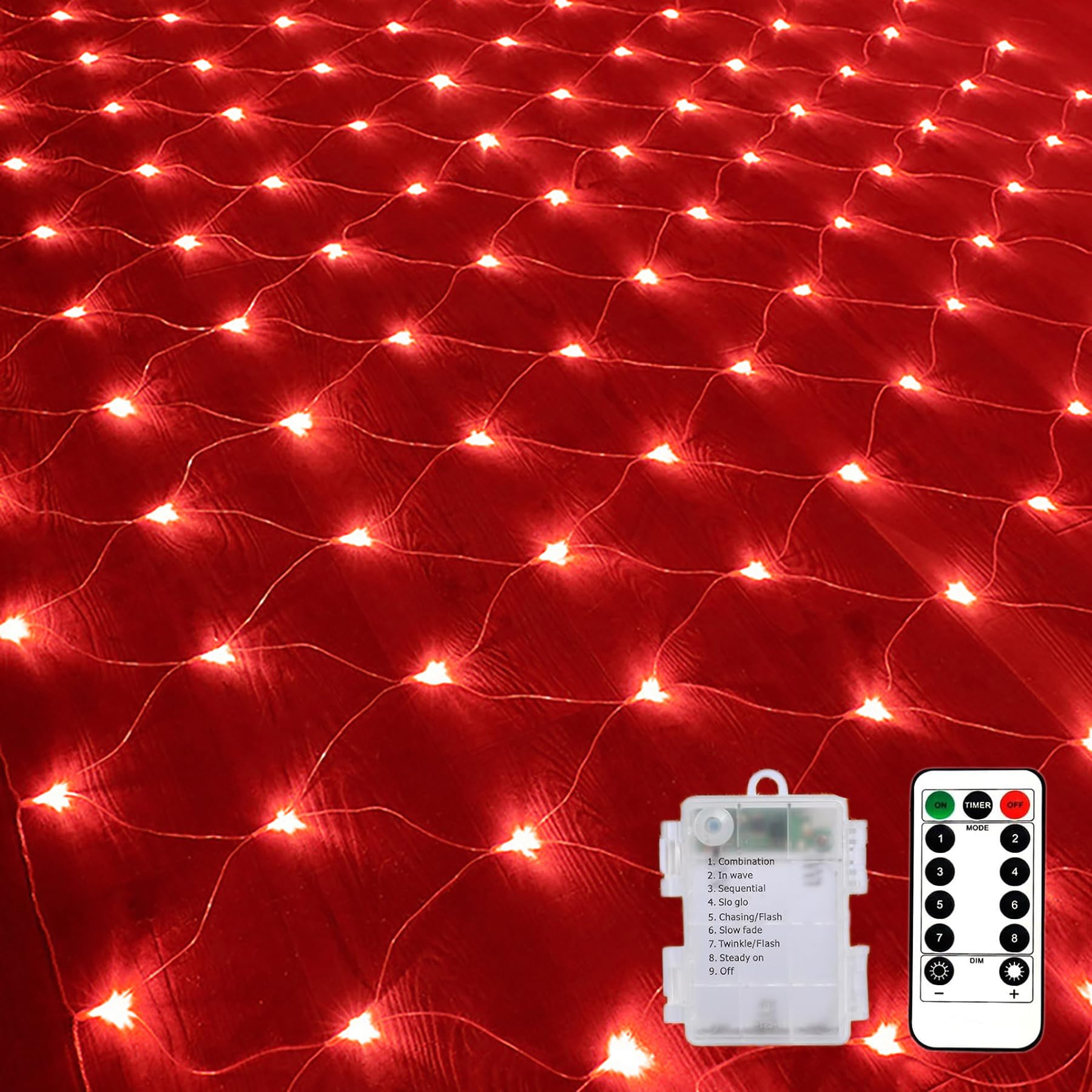 KINGCOO LED Battery Operated Net Lights with Remote (Red, 2x3M)