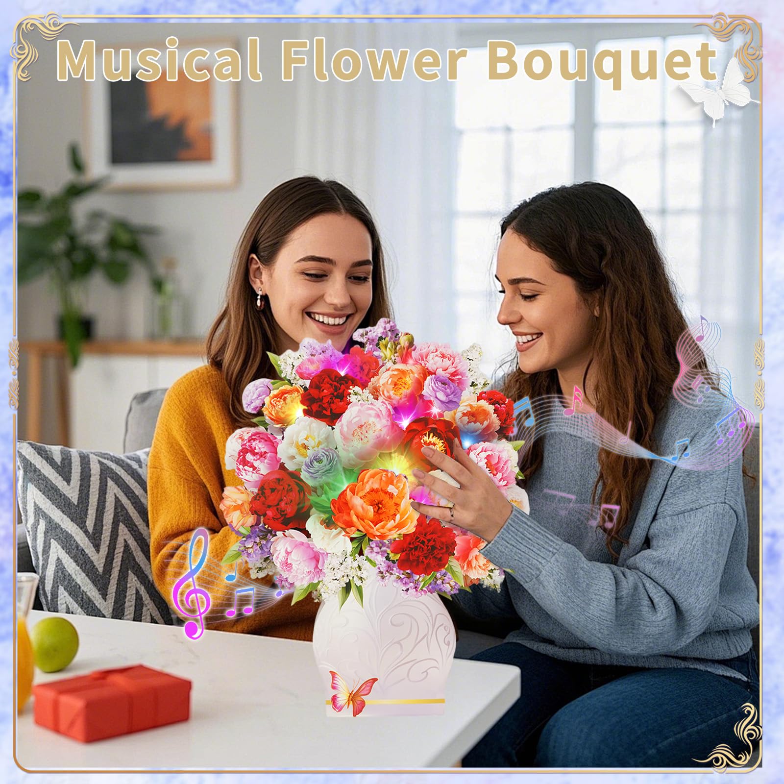 APOTODITO Tarjetas de cumpleaños para mujer, tarjeta de flores con música y luz, tarjeta 3D de ramo de flores, tarjetas de regalo para mamá, mujer, esposa, hija, novia