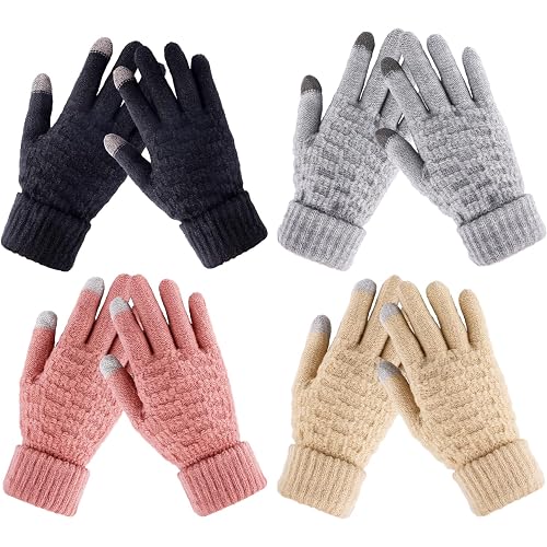 Winter Gloves for Women - 4 Pairs Touchscreen Gloves for Women Cold Weather, Fashion Knit Mittens Warm Winter Gloves