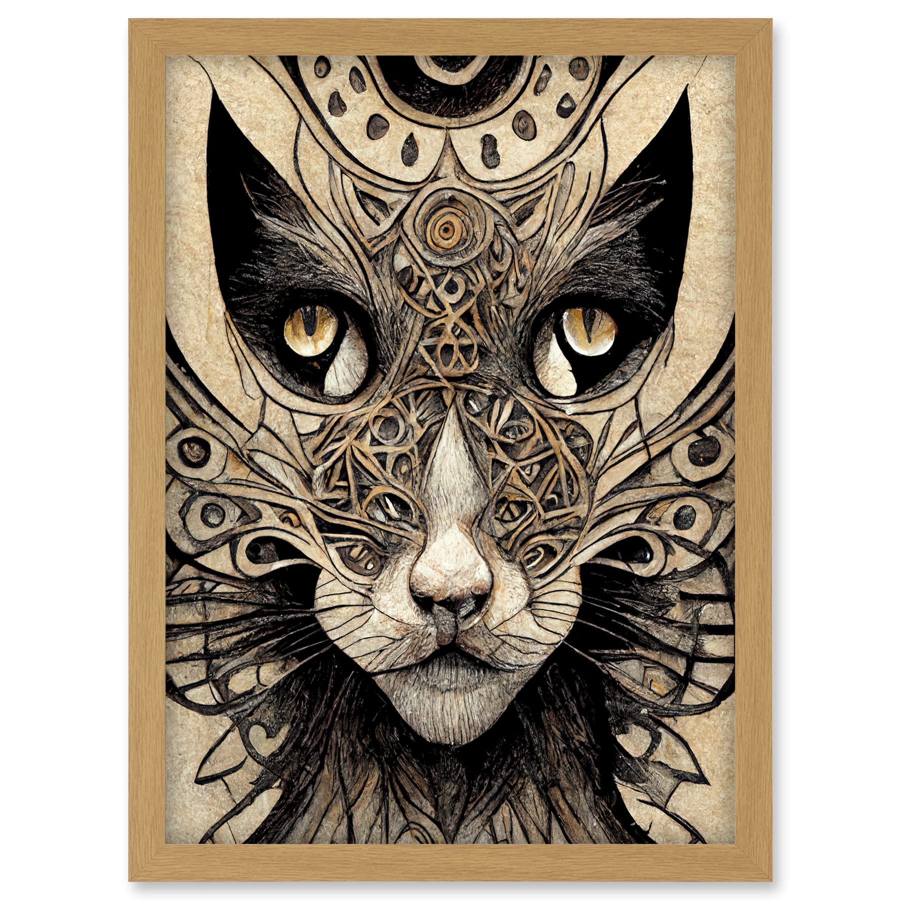 Abstract Cat Face Close Up With Tribal Patterns Textured Mask Artwork Framed A3 Wall Art Print