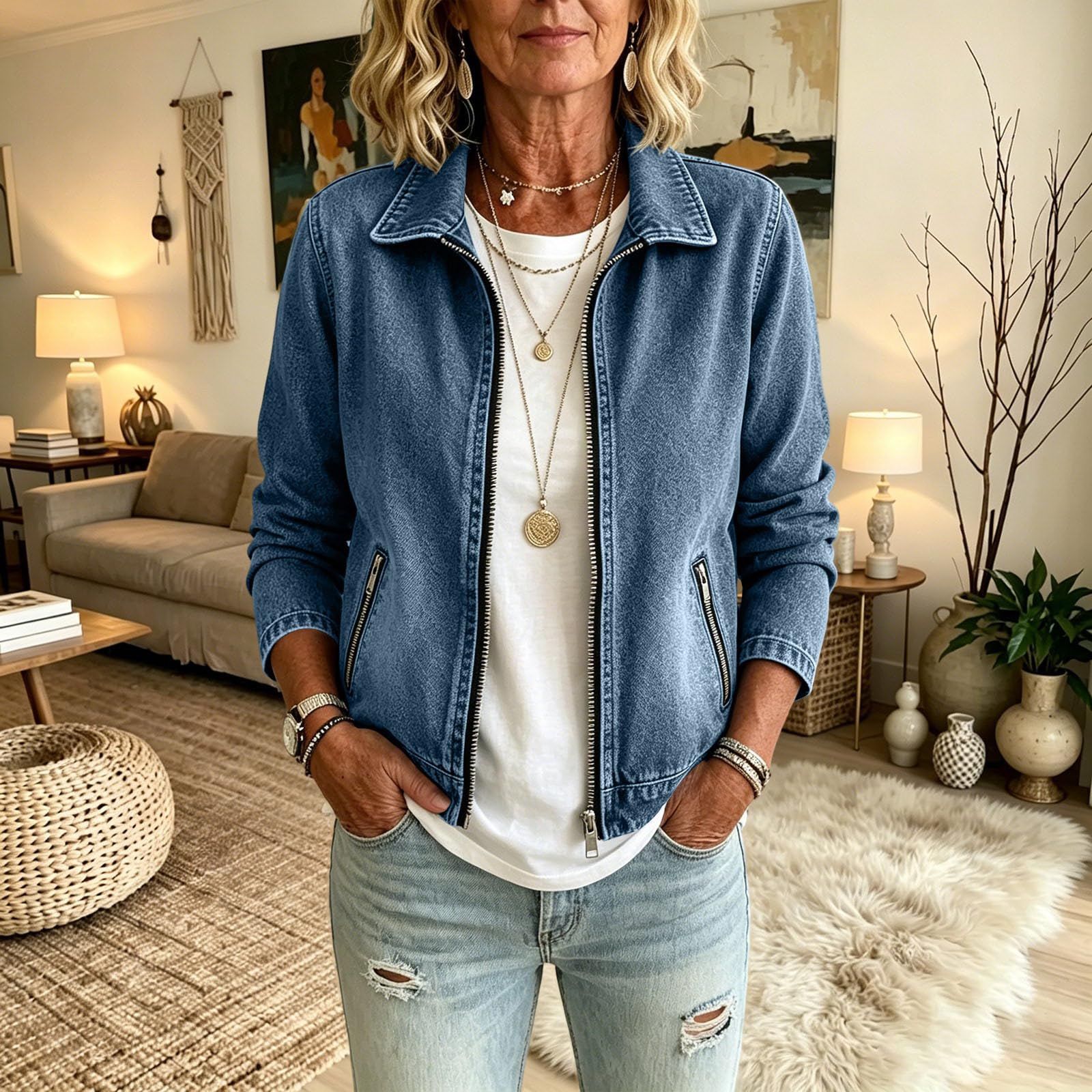 Jeansjacke Damen Oversize Jacke Casual Herbstjacke Zipper Kurzjacke Mode Kleidung Hemdjacke Frauen Übergangsjacke Sommer Herbst Jeansjacken Kurz Sweatjacke Langarm Denim Jacket Jeanshemd Damenjacken