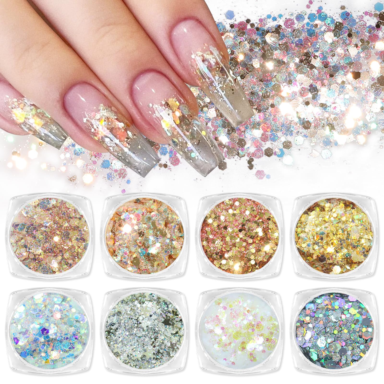 Laza 8 Colors Nail Art Glitter Diamond Dust Iridescent Nail Powder Chunky Glitter Confetti Foil Flakes Sequins for Nail Art Supplies, Gel Polish, Mermaid Makeup, Body, Resin — Dancing Sparkle