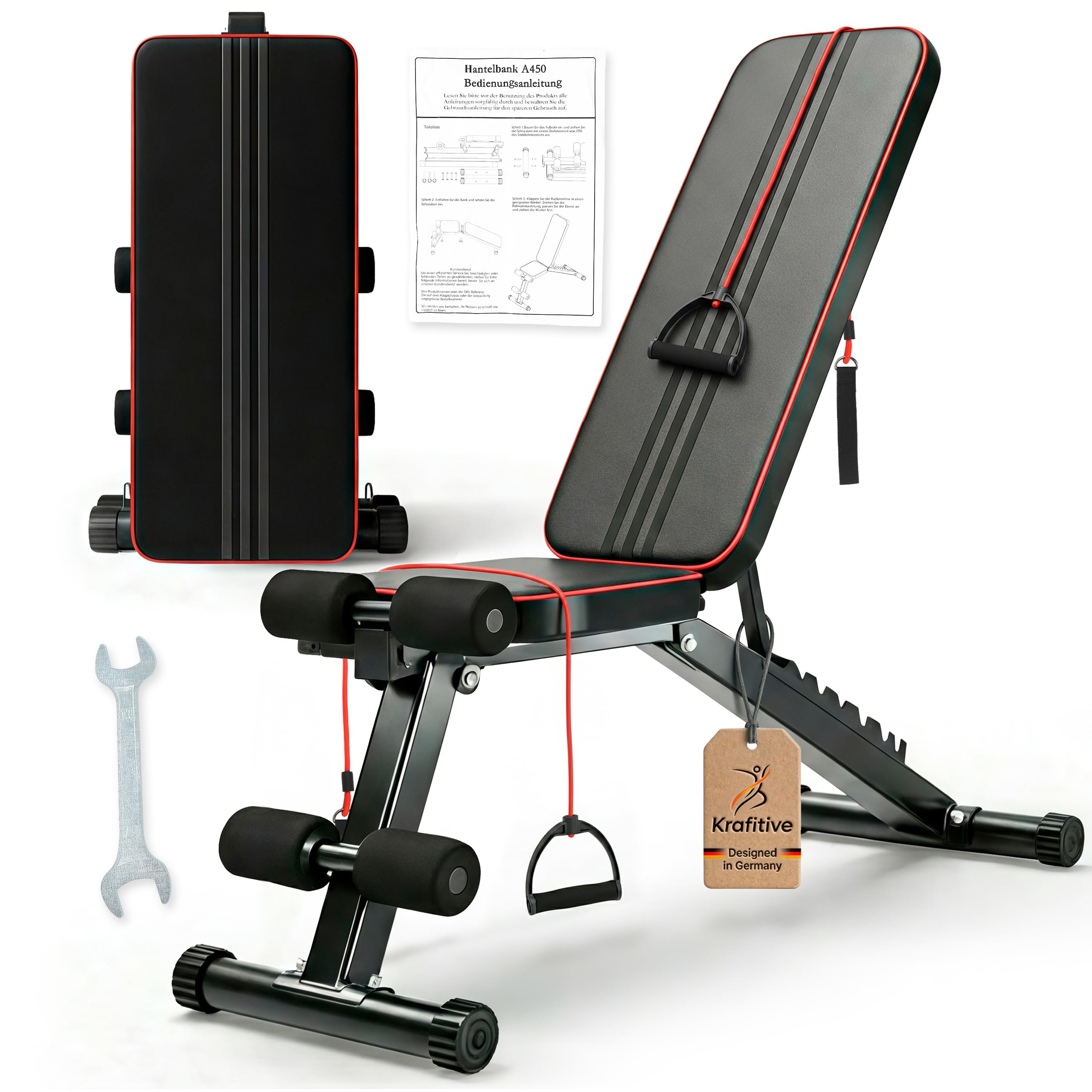 7-in-1 Hantelbank klappbar & verstellbar, bis 200kg belastbar | Schrägbank, Fitnessbank, Trainingsbank, Rückentrainer, platzsparend, 7 Positionen verstellbar, inkl. 2 Widerstandsbänder