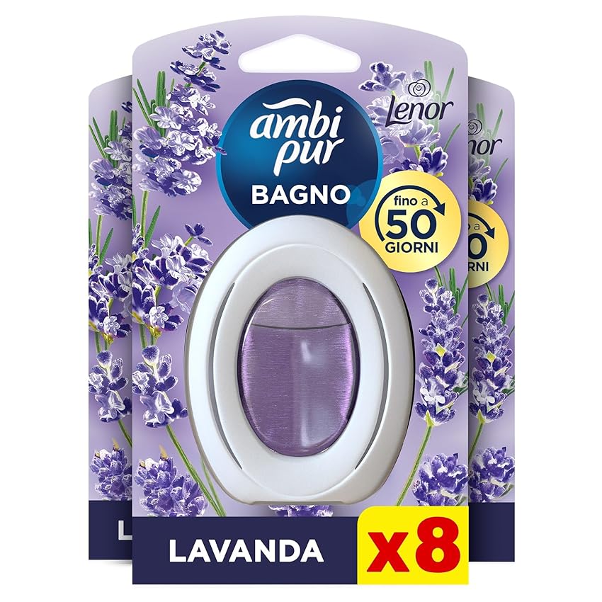 Ambi Pur Bagno Profumatore per Ambienti ad Azione Continua, 8 pezzi, Fragranza Lavanda, Eliminazione e Prevenzione degli Odori, fino a 50 giorni di Profumo