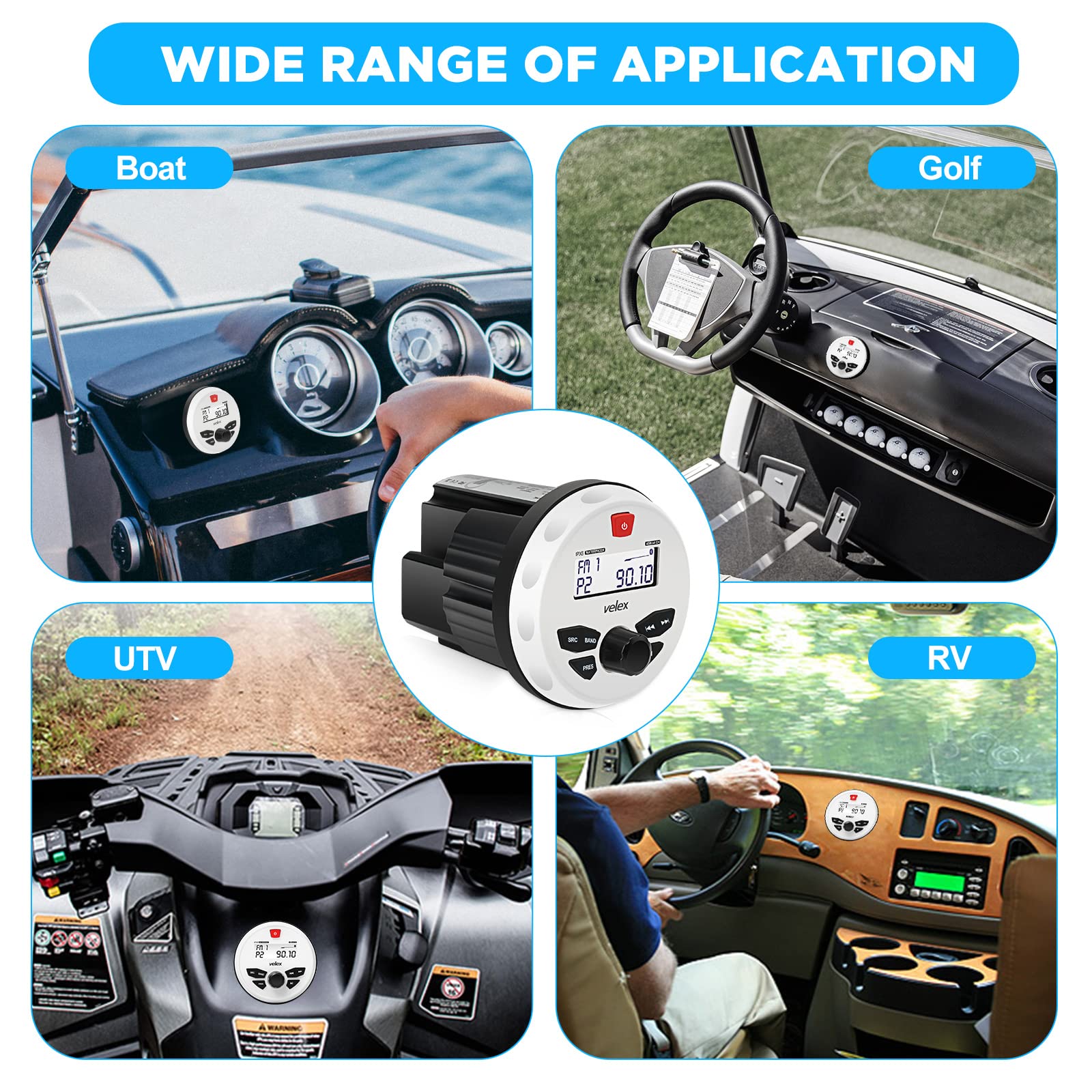Récepteur Bluetooth Marine Velex - Stéréo IPX6 étanche - Radio AM/FM/USB/MP3 - Pour Bateau, Golf, VTT, Spa