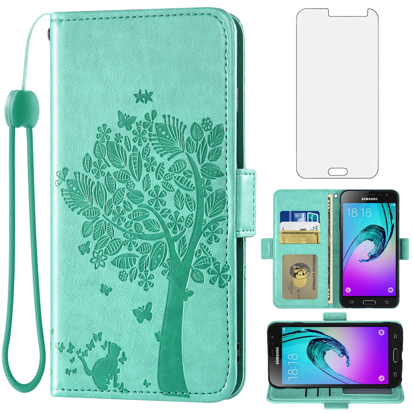 Asuwish Compatible with Samsung Galaxy J3 2016/J 3 V/J36V/Sky/Amp Prime Wallet Case Tempered Glass Screen Protector Flip Card Holder Cell Phone Cover for Glaxay Sol J3V JV3 J36 6 J320V J320A Green
