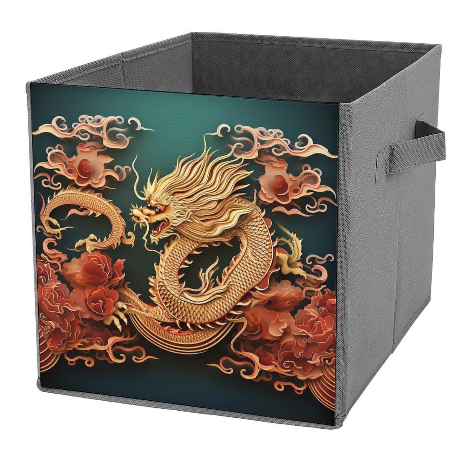 Bac de rangement pliable dragon chinois avec poignées cuir pour vêtements et draps