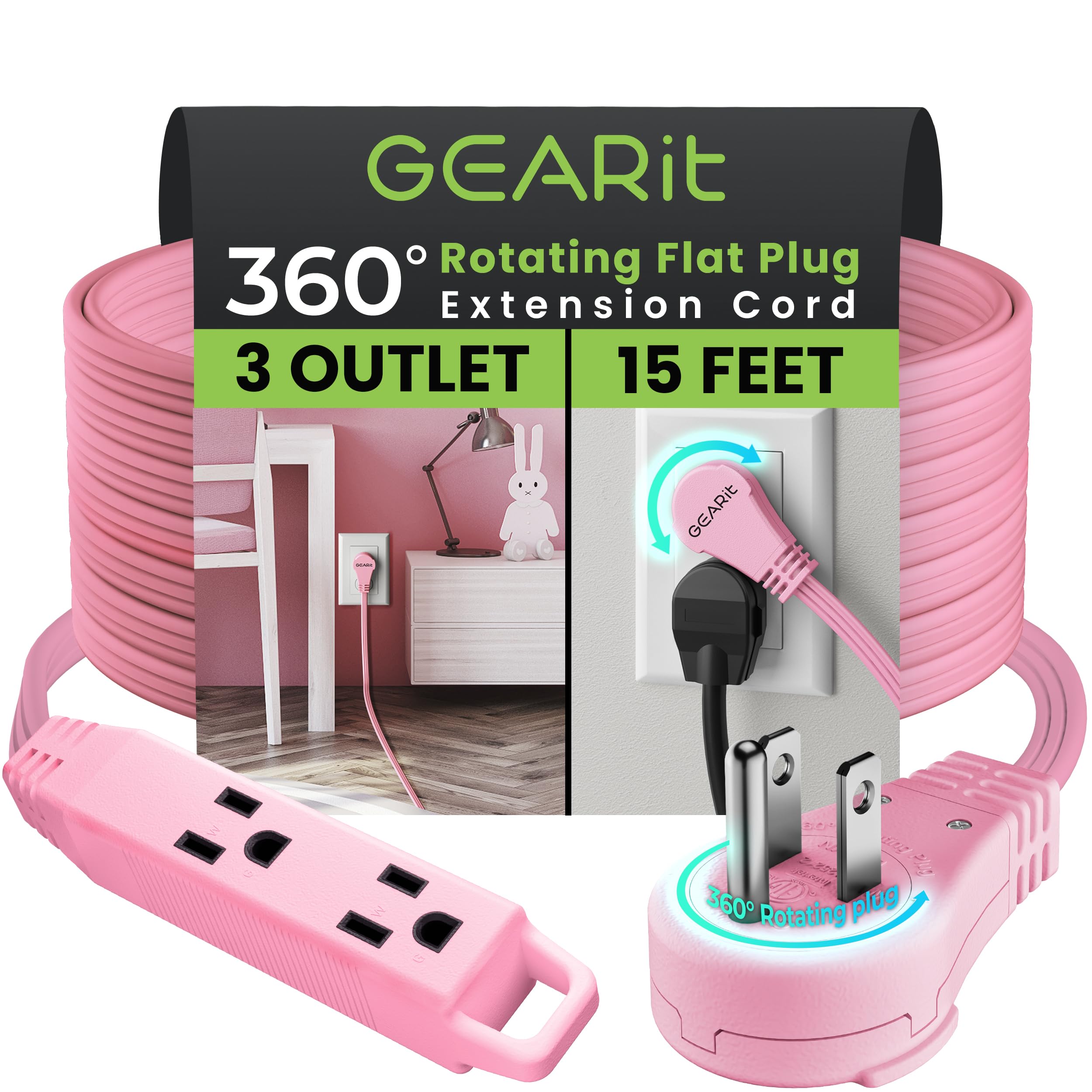 GEARit 360 Rotating Flat Plug Extension Cord with 3 Outlets (15ft, Pink) 16AWG/13A 3 Prong Wire, Outlet Saver for Home Office Dorm Room Essentials, ETL Certified