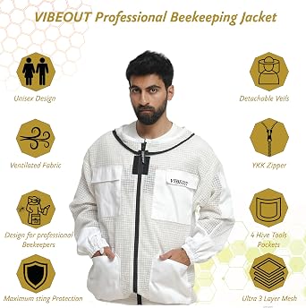 Bee Protection 3 Layers Ultra Ventilated Beekeeping Jacket Protective Equipment Professional Beekeeping Clothes Beekeeper Jacket with Fencing Veil Comfortable Sting proof Jacket Hat (White, Large)