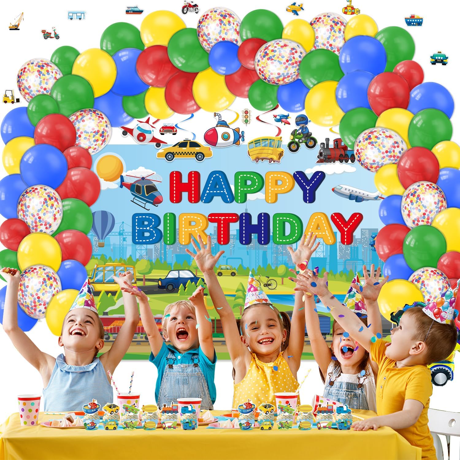 Transportation Birthday Party Supplies, 185 Pcs Transportation Train Car Themed Party Decorations for Boys Girls - Backdrop, Toppers, Balloons, Cupcakes Wrappers, Hanging Swirls, Stickers - Image 6