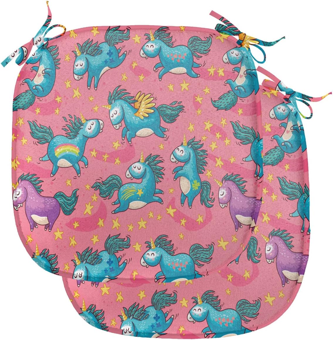 Lunarable Magic Chair Seating Cushion Set of 2, Mythical Flying Unicorns with Wings Rainbows and Stars Pattern Themed Cartoon, Anti-Slip Seat Padding for Kitchen & Patio, 16"x16", Multi