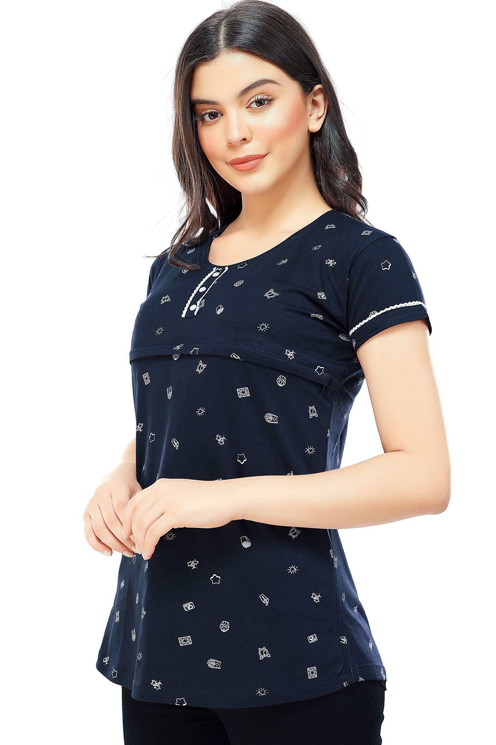 ZEYO Women's Regular Fit Cotton Maternity Navy Blue Printed Feeding Top 5344 Large 2