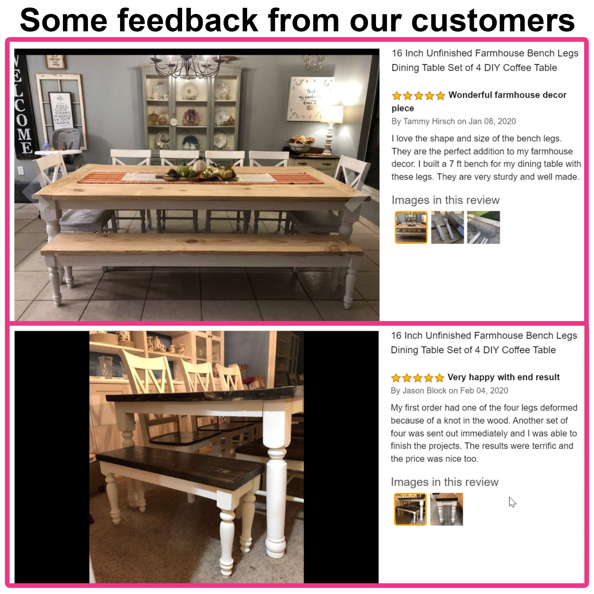 16 Inch Unfinished Farmhouse Bench Legs Dining Table Set of 4 DIY