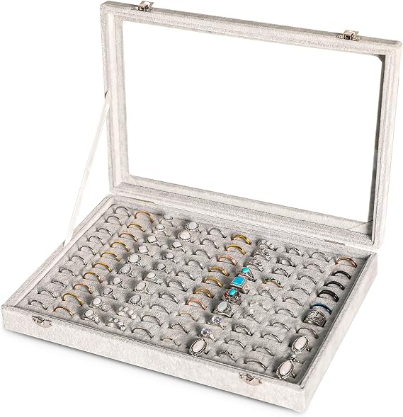 Frebeauty 100 Slots Ring Organiser Tray,Velvet Ring Box with Clear Lid | Velvet Lining Provides Protection, Fits Rings of Various Sizes, Glass Lid Jewellry Tray, for Personal Use and Ring Display