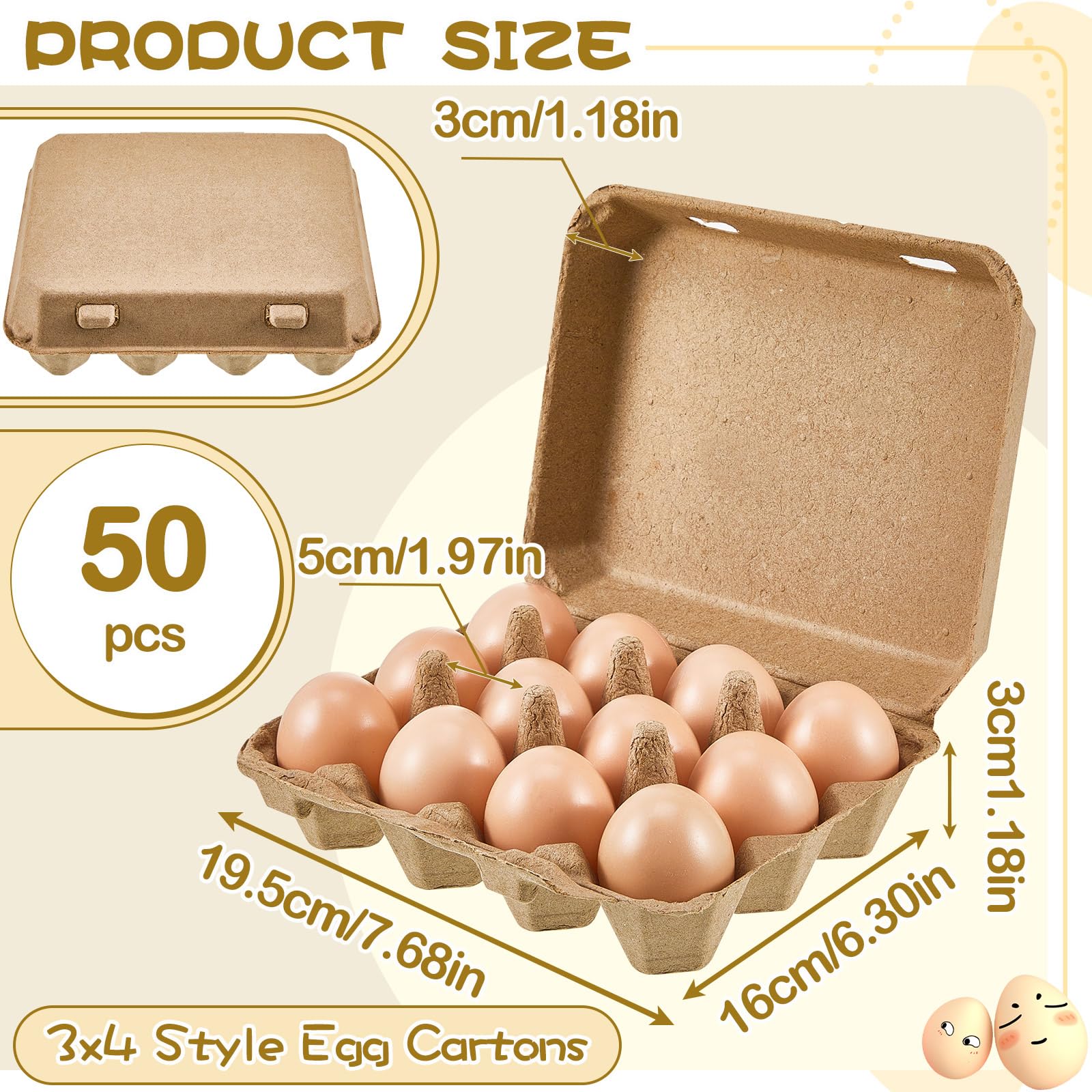 Rtteri 50 cajas de huevos de pulpa de papel, estilo vintage de 3 x 4 pulgadas, para almacenamiento de codornices de pato fresco, cocina, familia, casa de campo