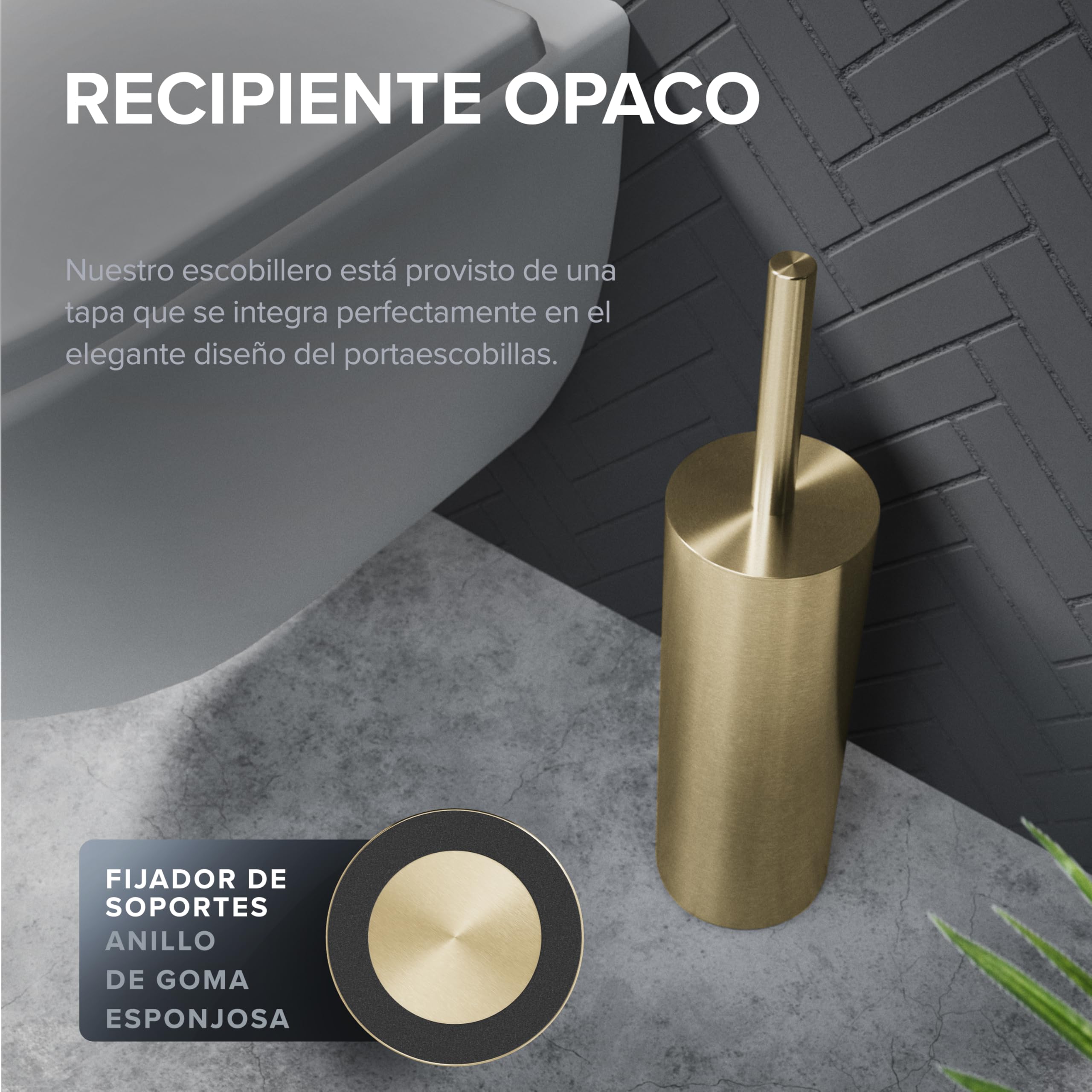 ovimar Escobilla para inodoro Hou | Silicona | Oro | De Acero Inoxidable con Tapa l Independiente para baño e Inodoro de invitados | Escobilla de inodoro con cabezal intercambiable | Diseño Silvolles