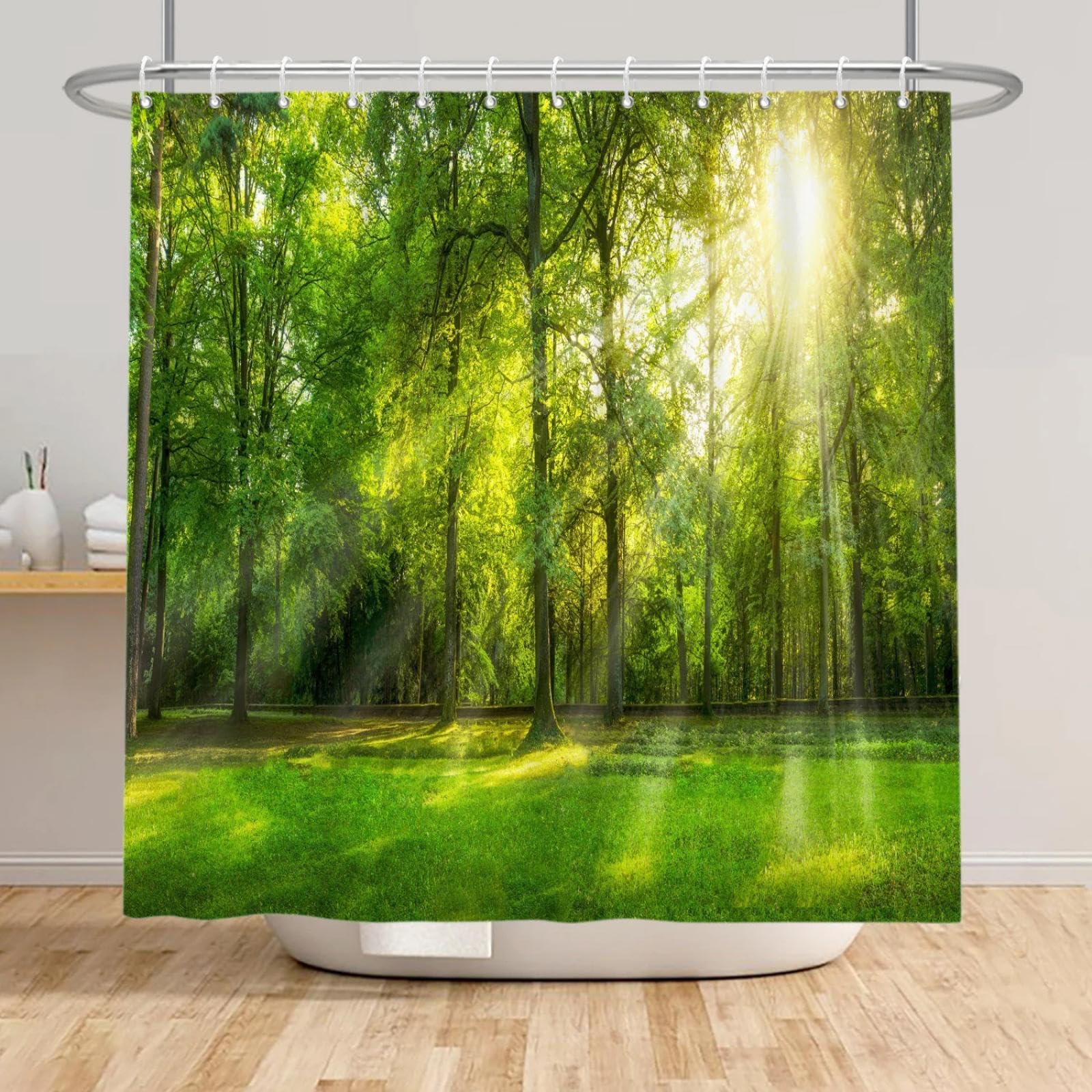 Rideau de douche nature en tissu vert 170x170 cm avec crochets