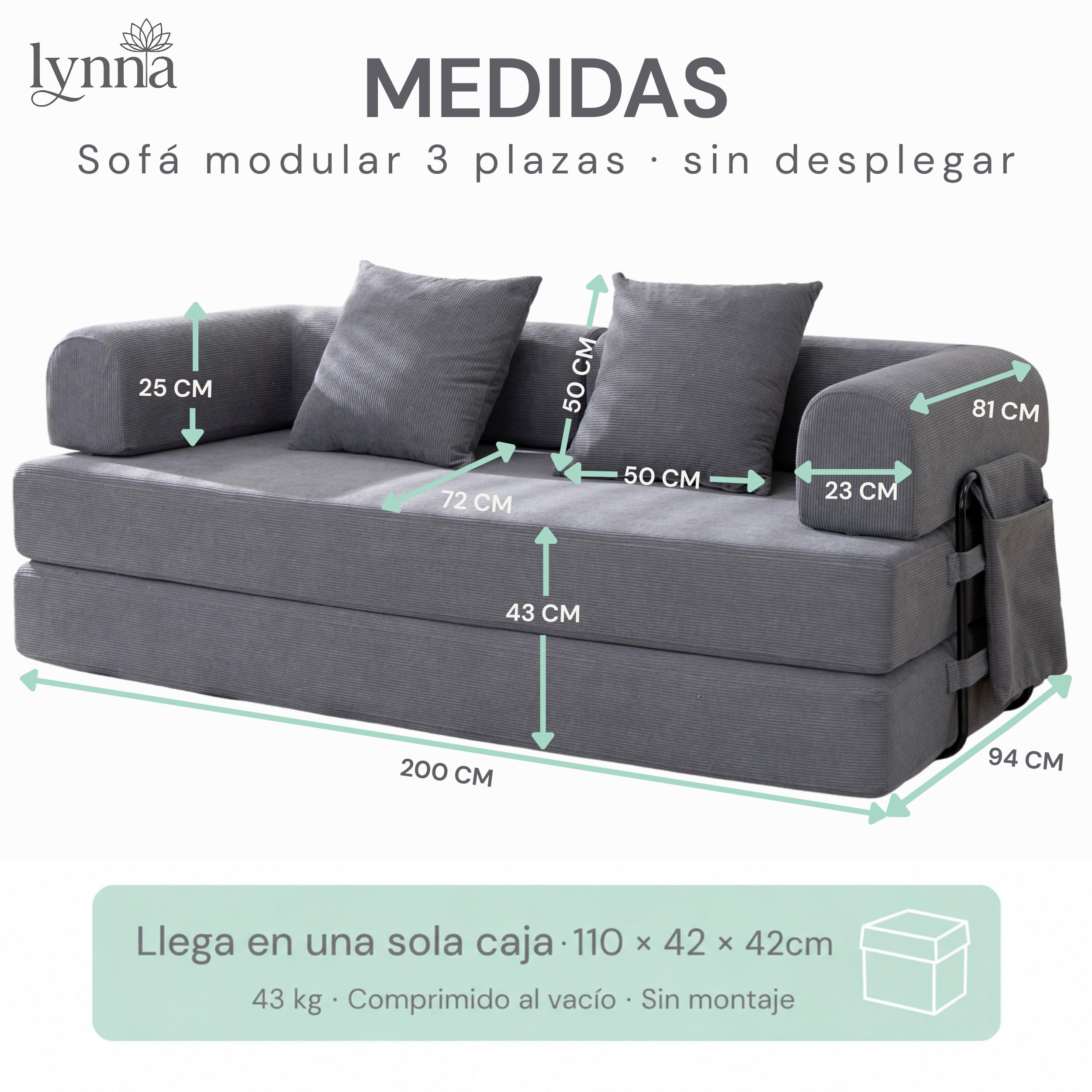 Lynna Sofa Cama 3 plazas sin Montaje – Sofa Modular autoexpandible Convertible en Cama Doble Grande, cómodo y versátil para Salones Modernos y Pisos pequeños, 200x94x70 cm (Gris Oscuro)