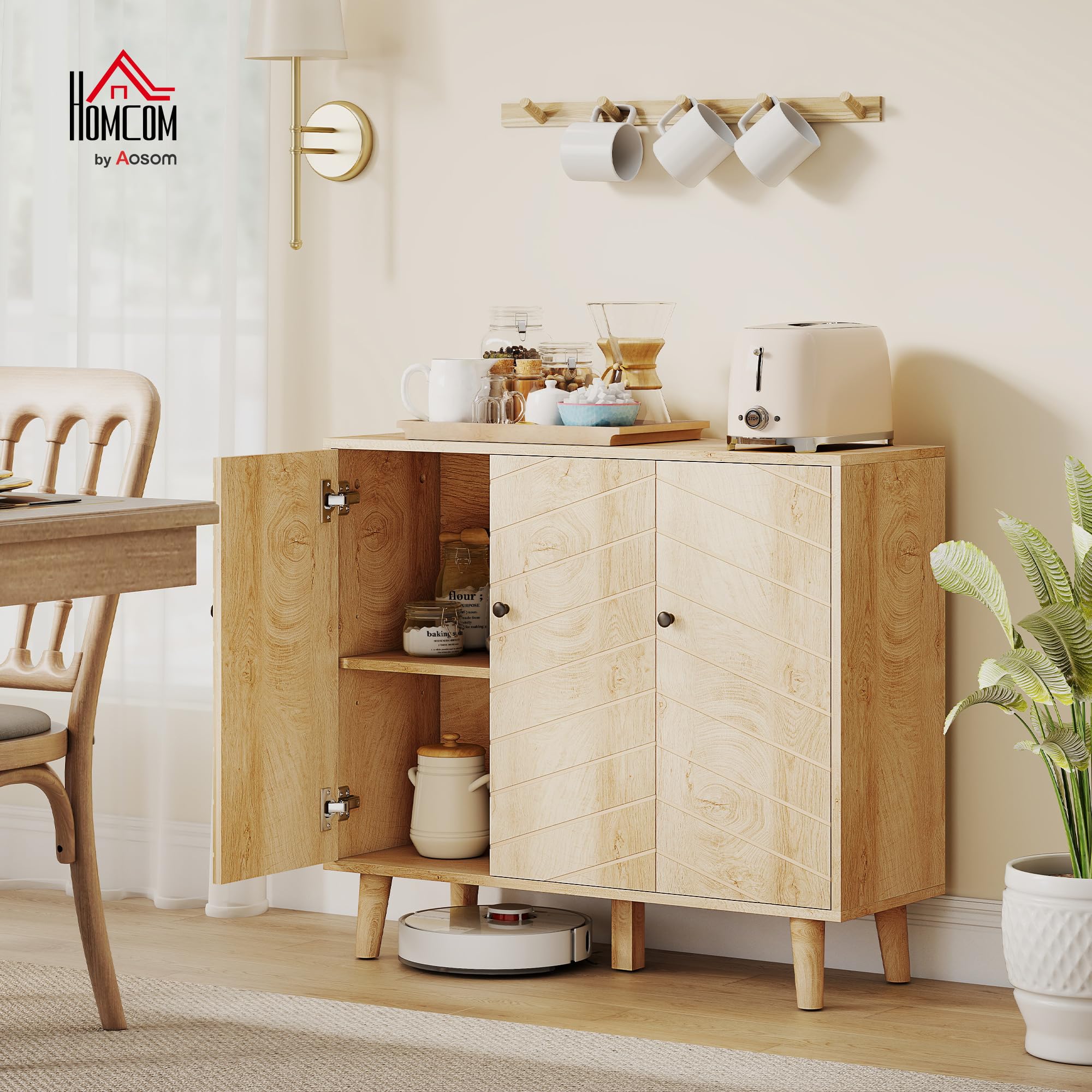 HOMCOM Buffet Cuisine Meuble de Rangement 88,3 x 30 x 76 cm Bois Naturel | 3 Portes à Motif Chevron, Pieds en Bois de Pin, Style Moderne, Buffet Salle à Manger, Salon, Meubles de Salle à Manger
