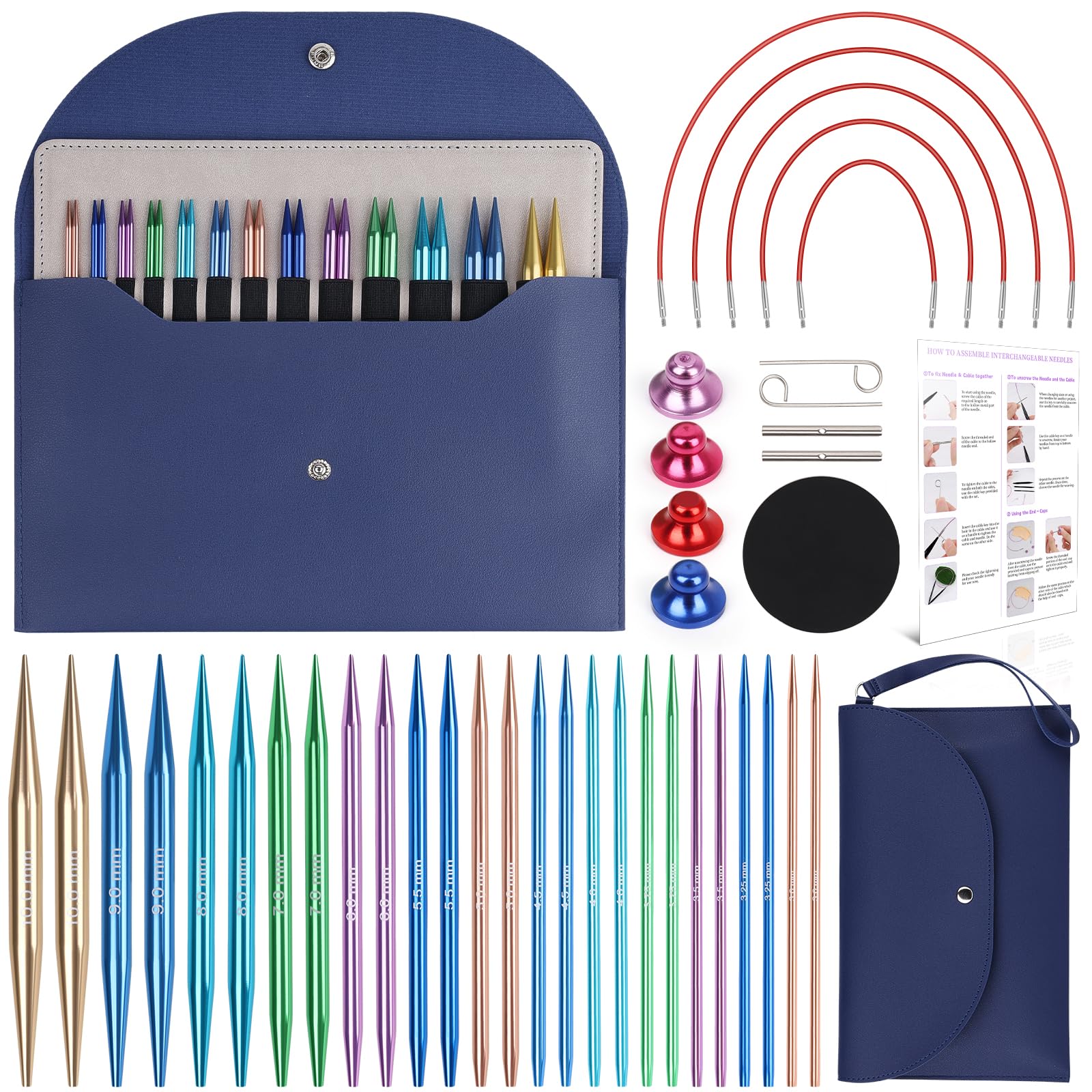 Coopay Auswechselbare Rundstricknadeln Set, 3,0-10,0 mm Rundstricknadeln (5 Längen verstellbar), Stricknadeln Rundstricknadel mit Aufbewahrungstasche,Austauschbare Rundstricknadel, Blau