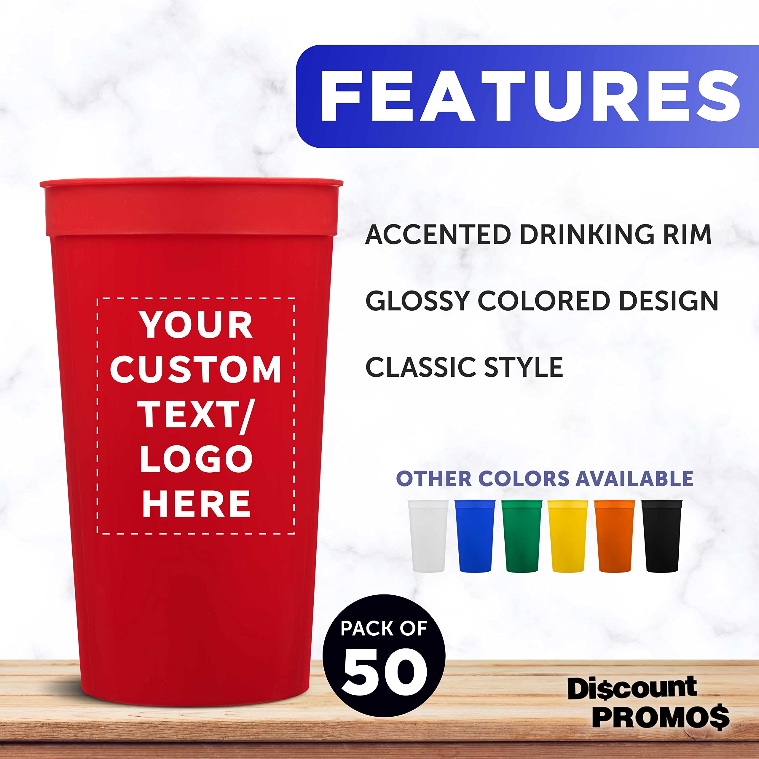 Custom Plastic Stadium Cups 32 oz. Set of 50, Personalized Bulk Pack - Perfect for Summer, Sporting Events, Birthdays, Picnic, Beach, Parties - Red